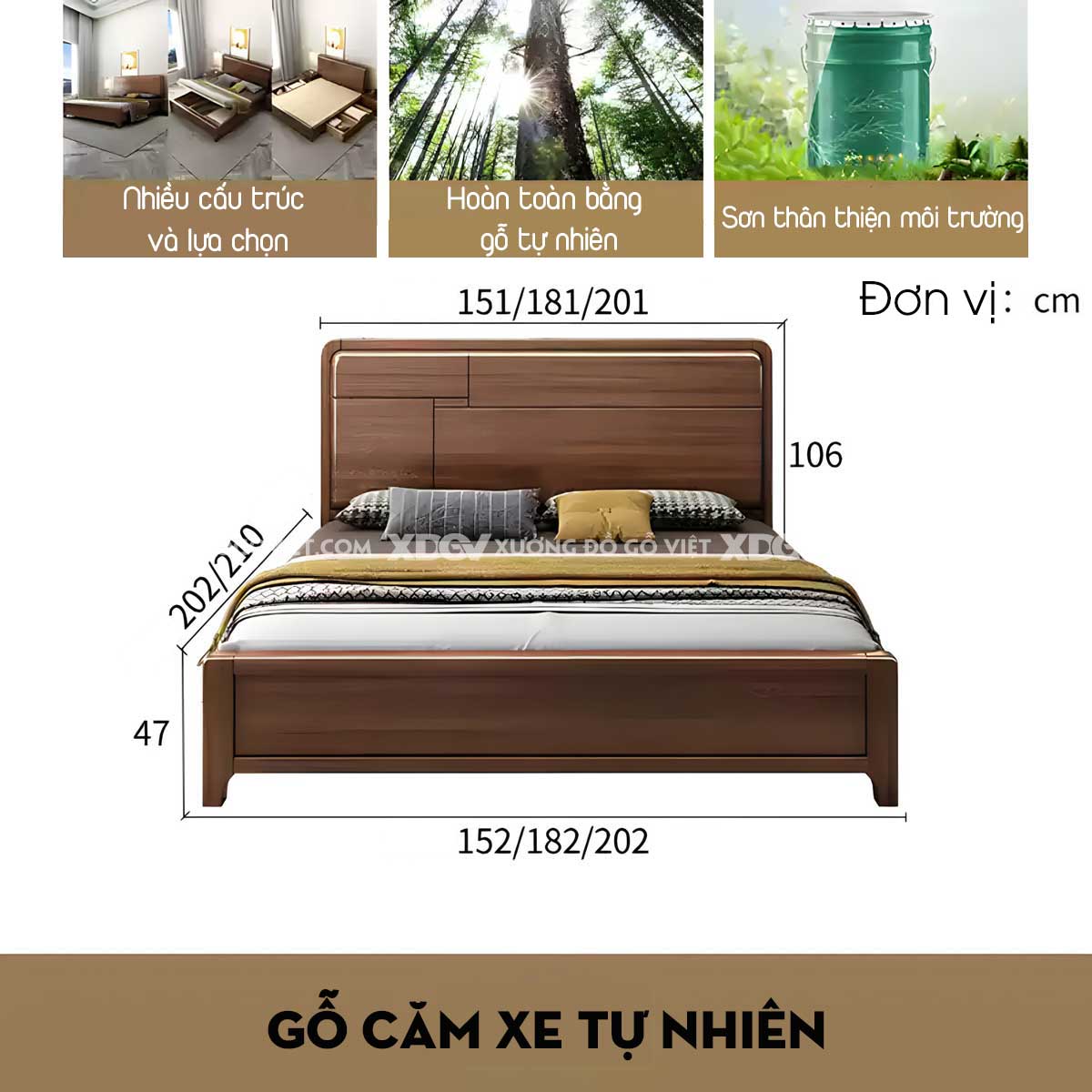 Giường Ngủ Gỗ Căm Xe Bo Tròn Góc Đầu Kẻ Rãnh Bất Đối Xứng