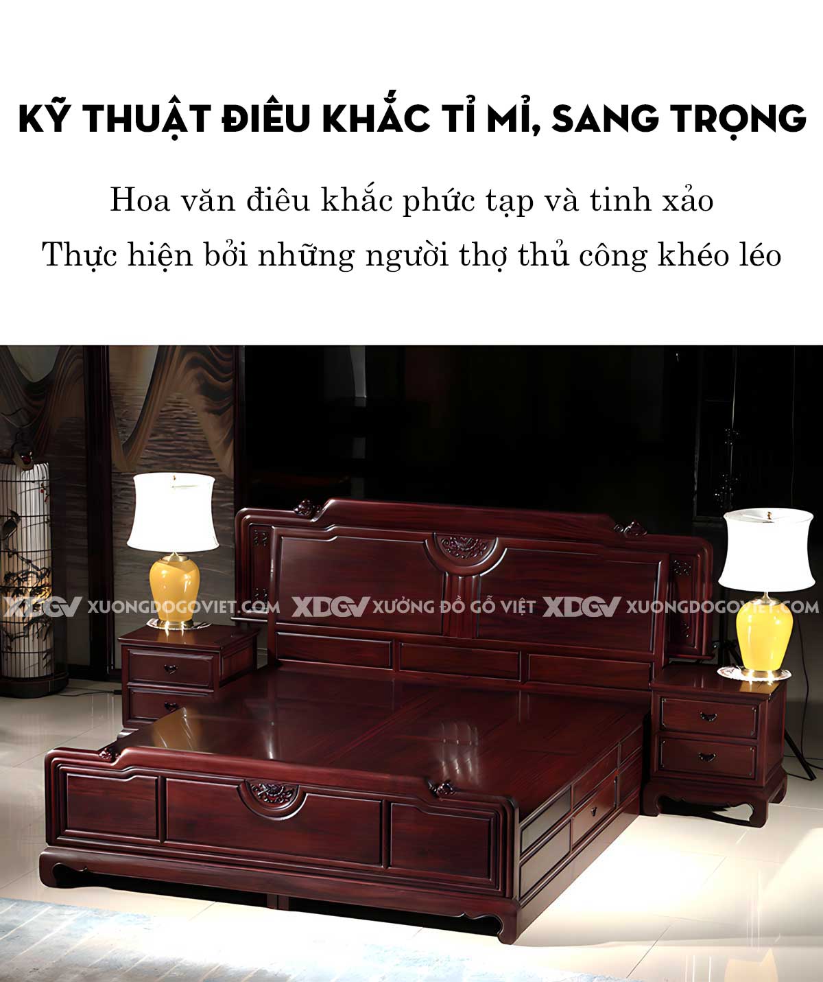 Giường Ngủ Gỗ Căm Xe Cung Điện Vững Chãi Chạm Khắc Tinh Tế