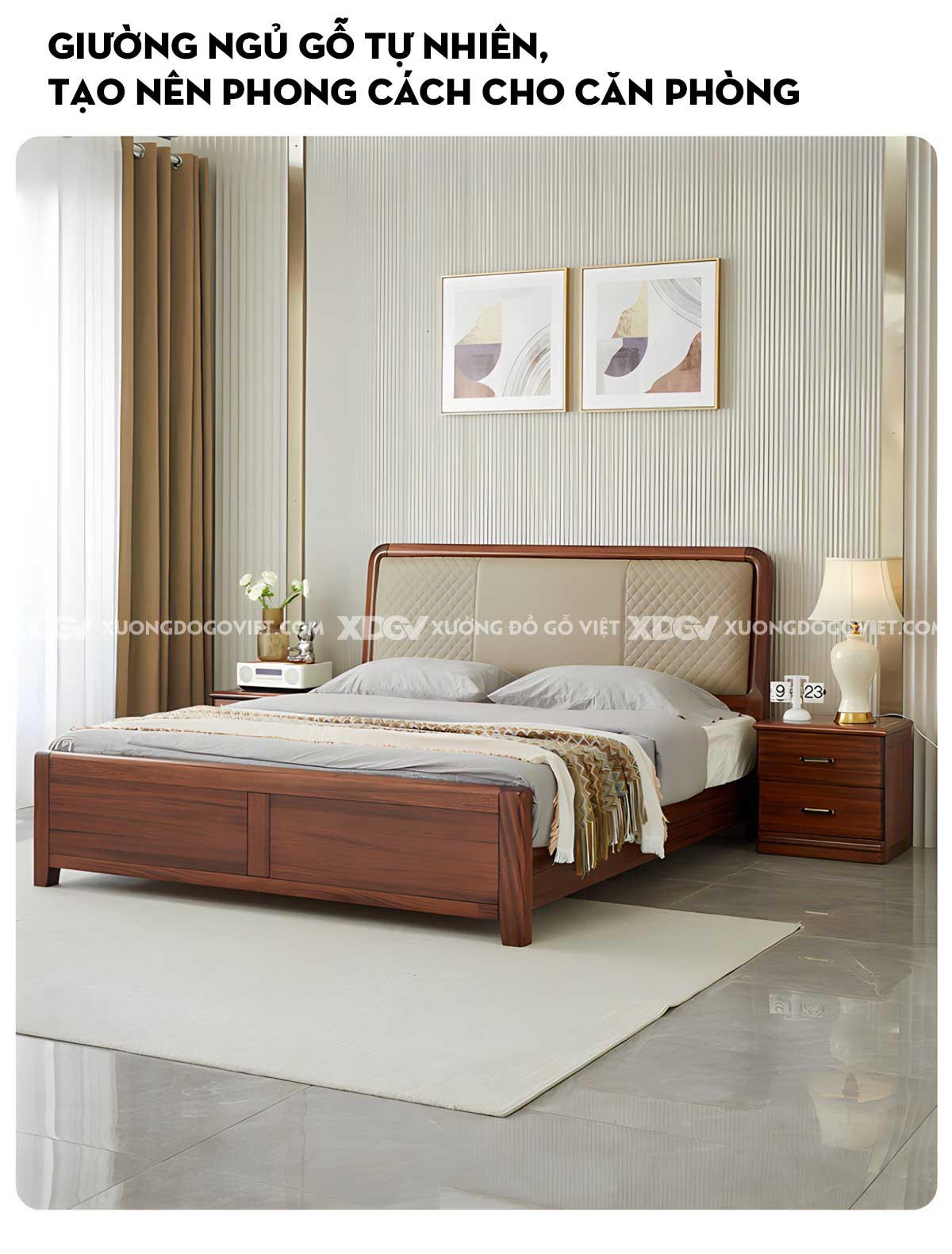 Giường Ngủ Gỗ Căm Xe Đầu Bo Góc Ốp Nệm Họa Tiết Đối Xứng
