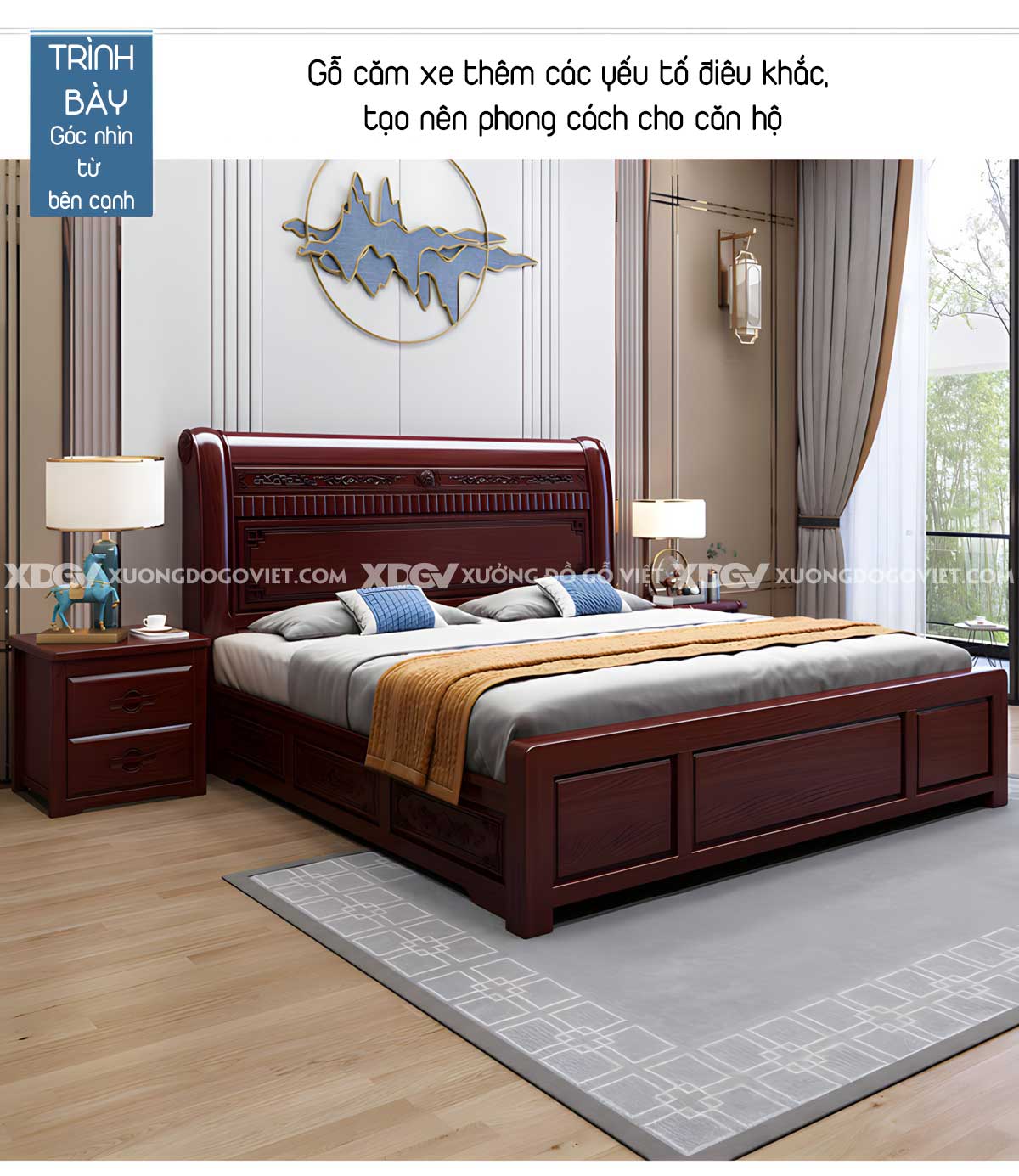 Giường Ngủ Gỗ Căm Xe Đầu Chạm Họa Tiết Tinh Tế Sang Trọng