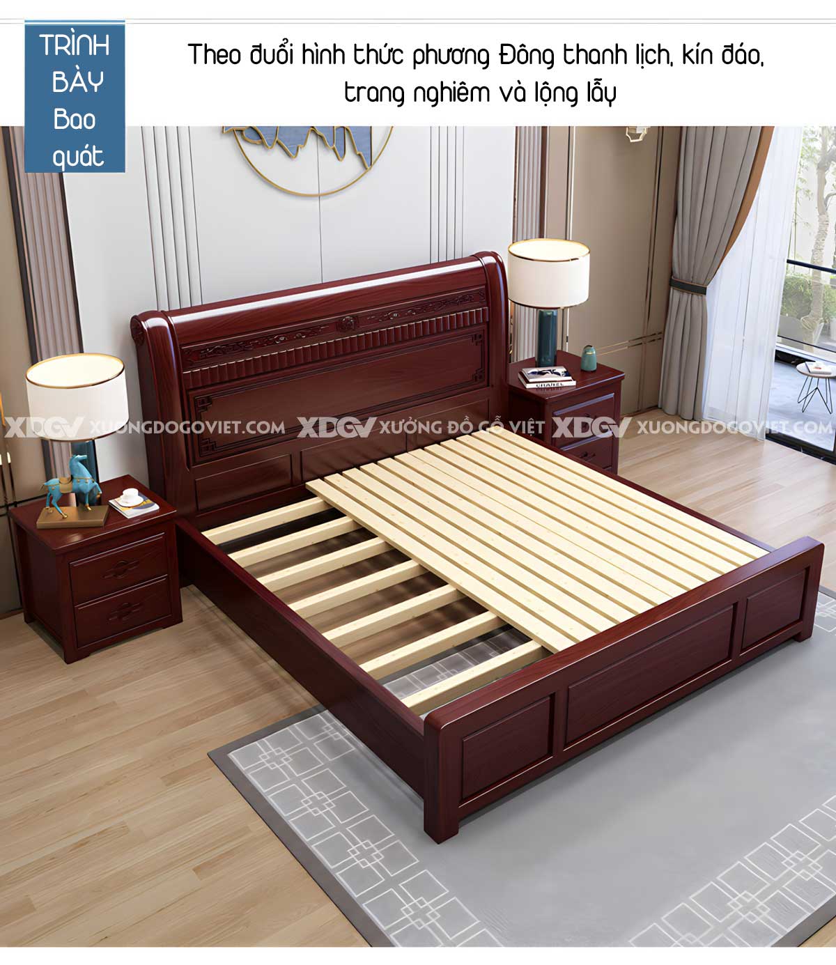 Giường Ngủ Gỗ Căm Xe Đầu Chạm Họa Tiết Tinh Tế Sang Trọng