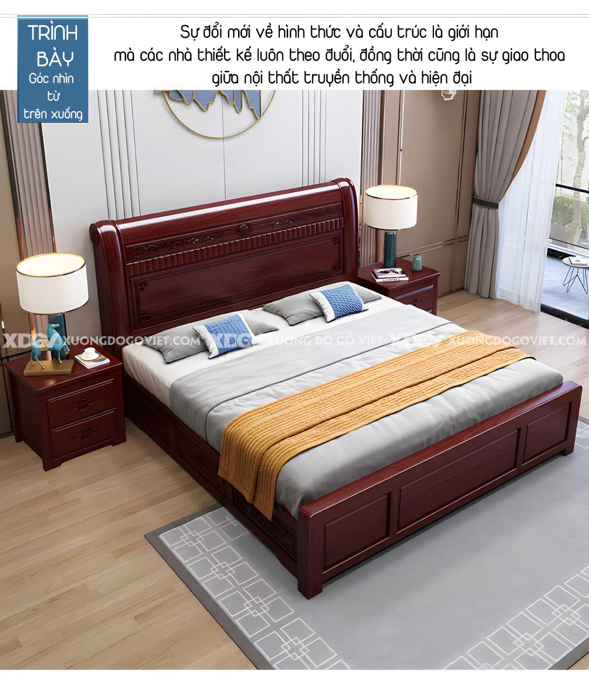 Giường Ngủ Gỗ Căm Xe Đầu Chạm Họa Tiết Tinh Tế Sang Trọng