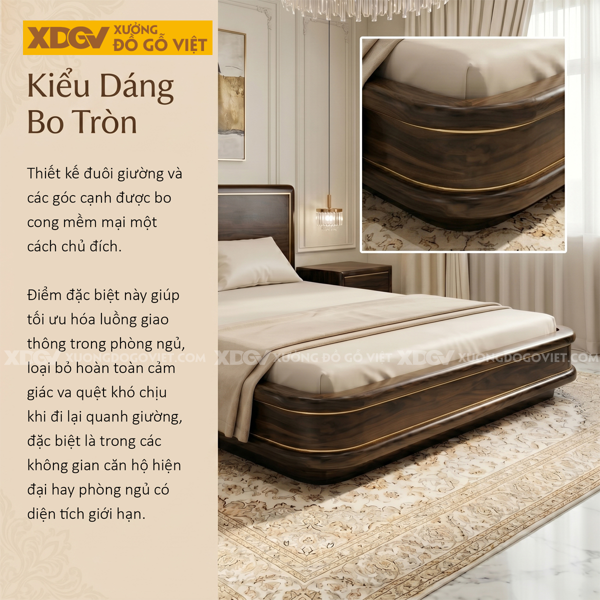 Giường Ngủ Gỗ Căm Xe Phối Viền Kim Thiết Kế Ôm Bo Sang Trọng