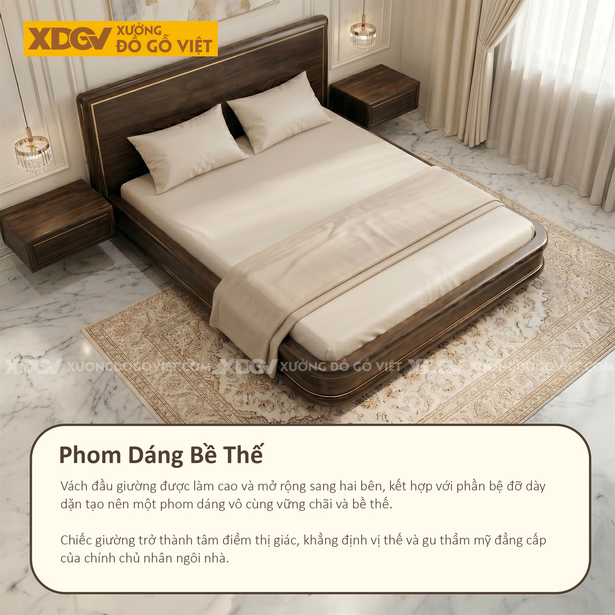 Giường Ngủ Gỗ Căm Xe Phối Viền Kim Thiết Kế Ôm Bo Sang Trọng