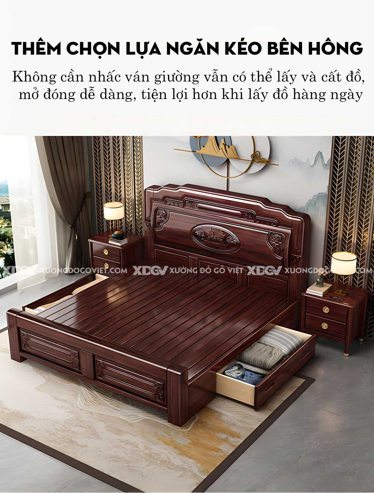 Giường Ngủ Gỗ Căm Xe Tân Cổ Điển Họa Tiết Chạm Khắc Tinh Xảo