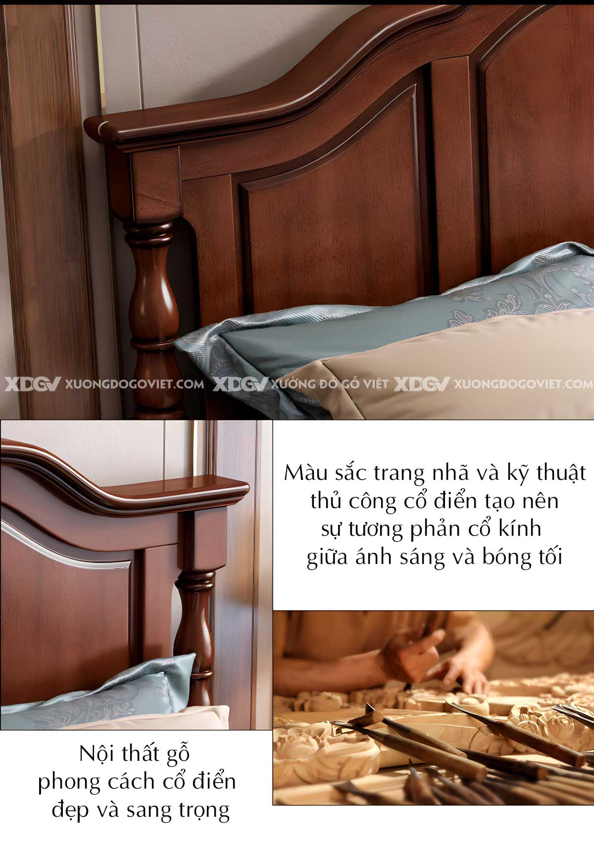 Giường Ngủ Gỗ Căm Xe Tự Nhiên Tân Cổ Điển Chân Tiện Tròn