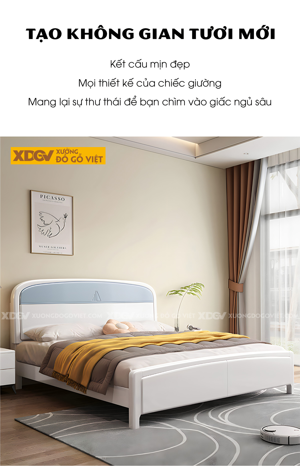 Giường Ngủ Gỗ Cao Su Đầu Bo Cong 2 Tầng Họa Tiết Cánh Buồm