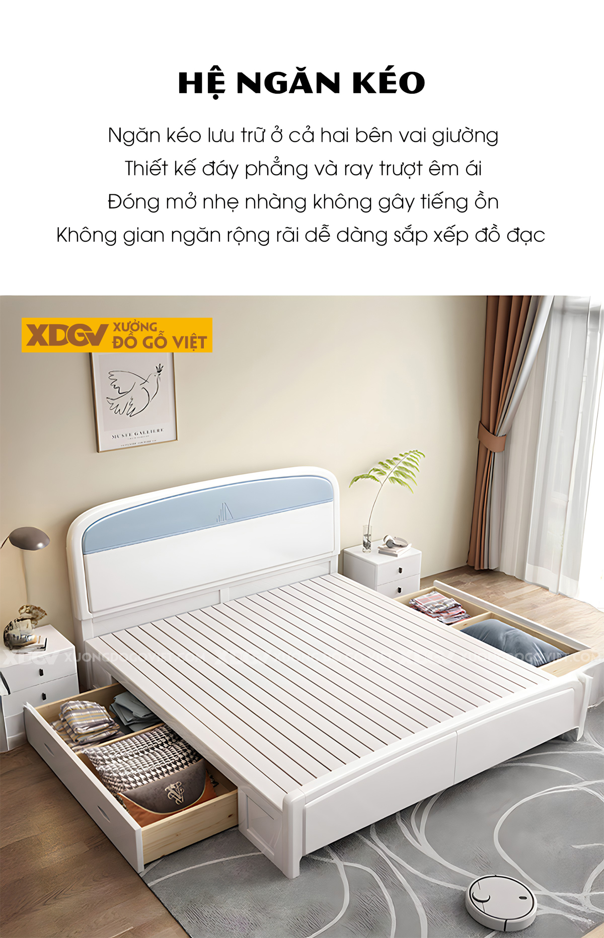 Giường Ngủ Gỗ Cao Su Đầu Bo Cong 2 Tầng Họa Tiết Cánh Buồm