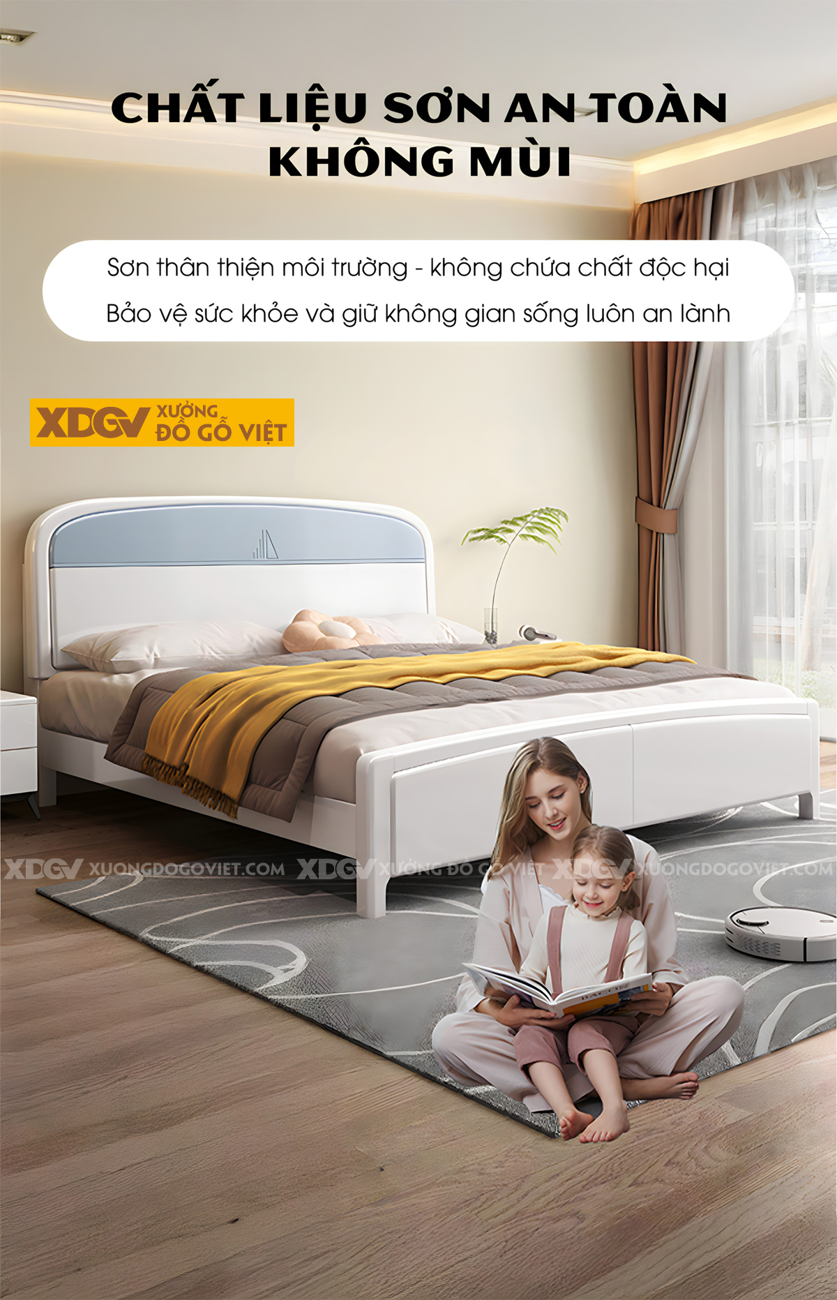 Giường Ngủ Gỗ Cao Su Đầu Bo Cong 2 Tầng Họa Tiết Cánh Buồm