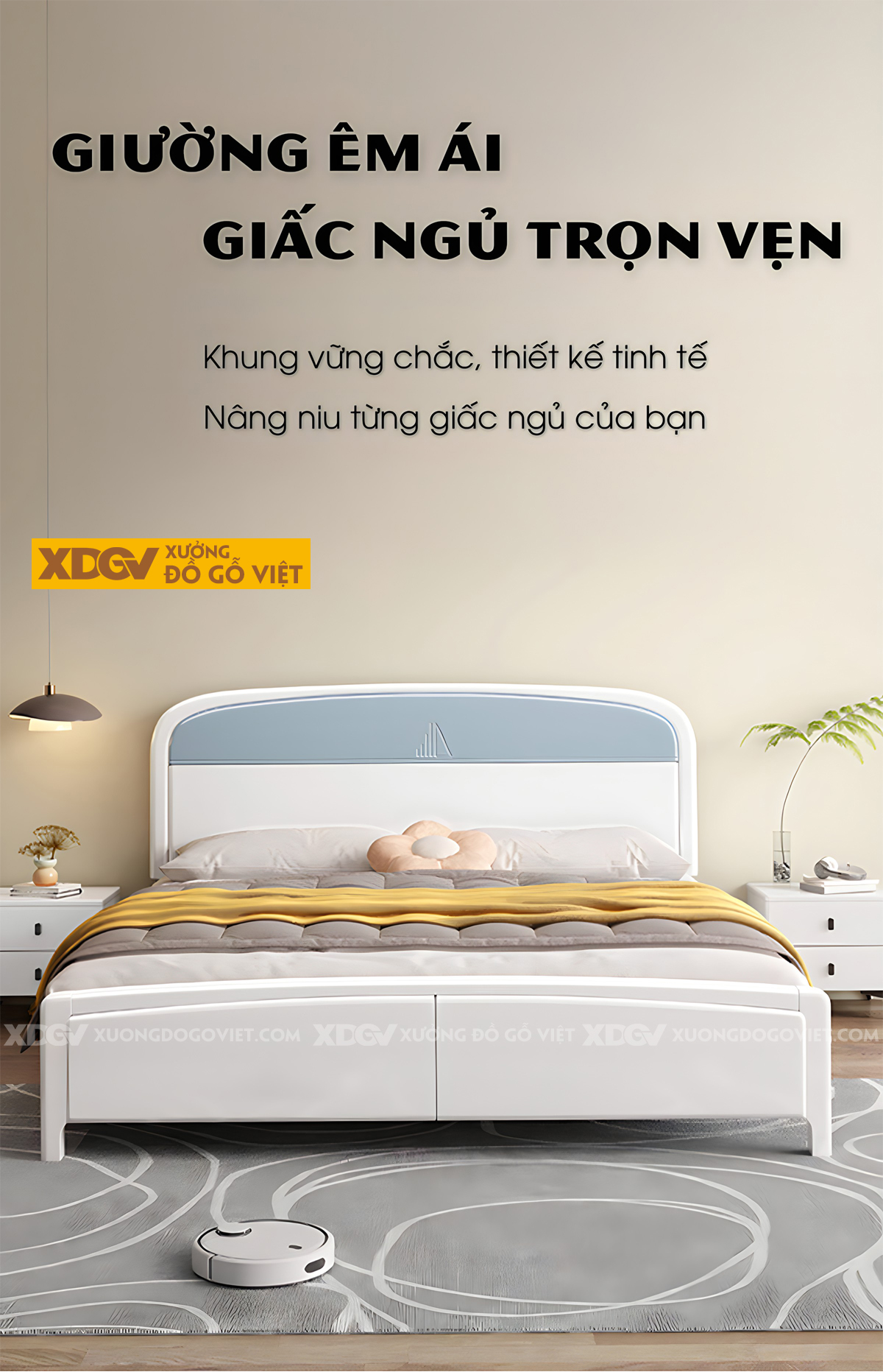 Giường Ngủ Gỗ Cao Su Đầu Bo Cong 2 Tầng Họa Tiết Cánh Buồm
