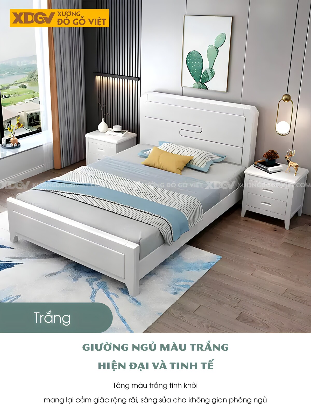 Giường Ngủ Gỗ Cao Su Đầu Panel Rãnh S Trang Trí Góc Vát Cạnh