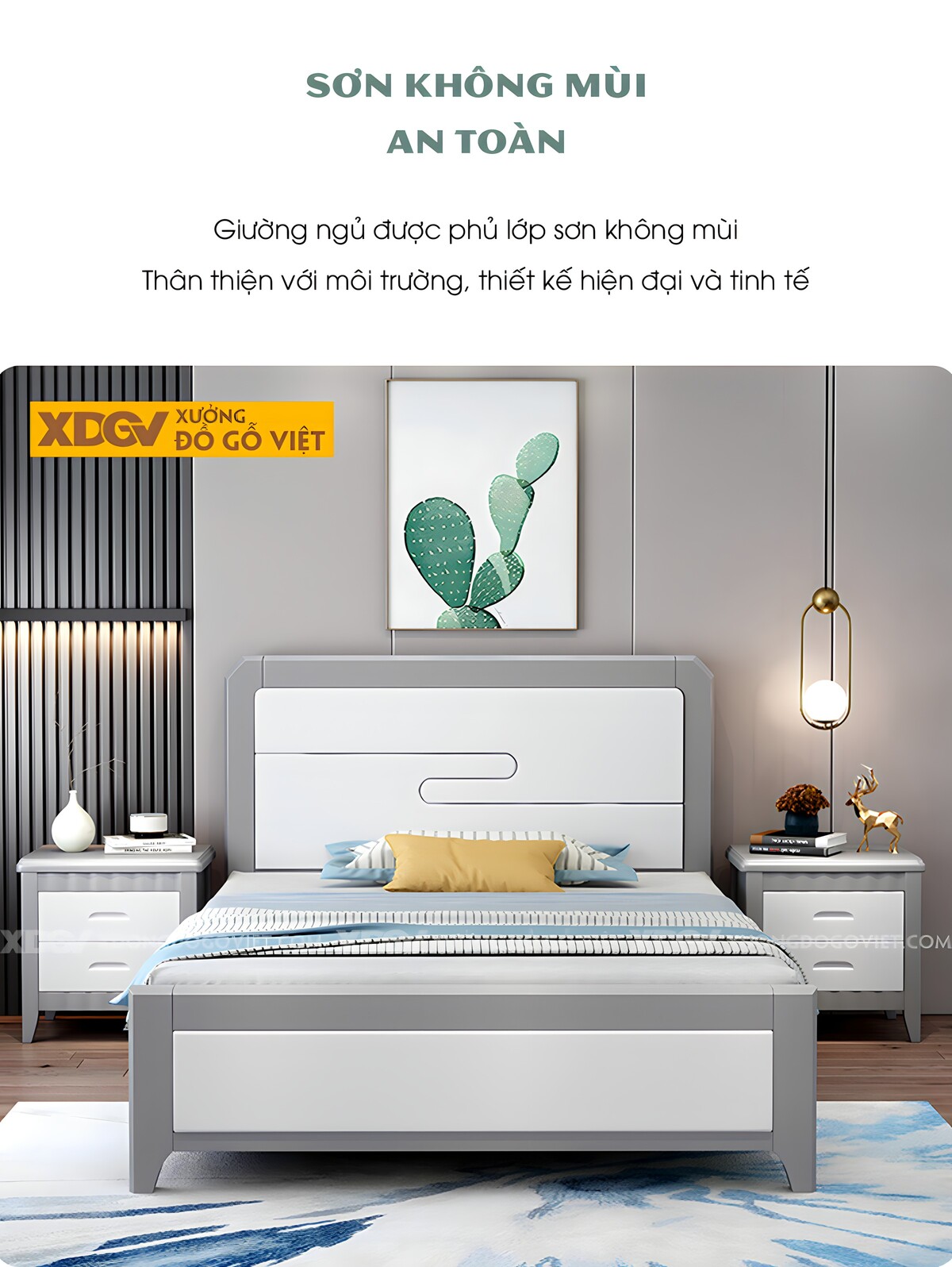 Giường Ngủ Gỗ Cao Su Đầu Panel Rãnh S Trang Trí Góc Vát Cạnh