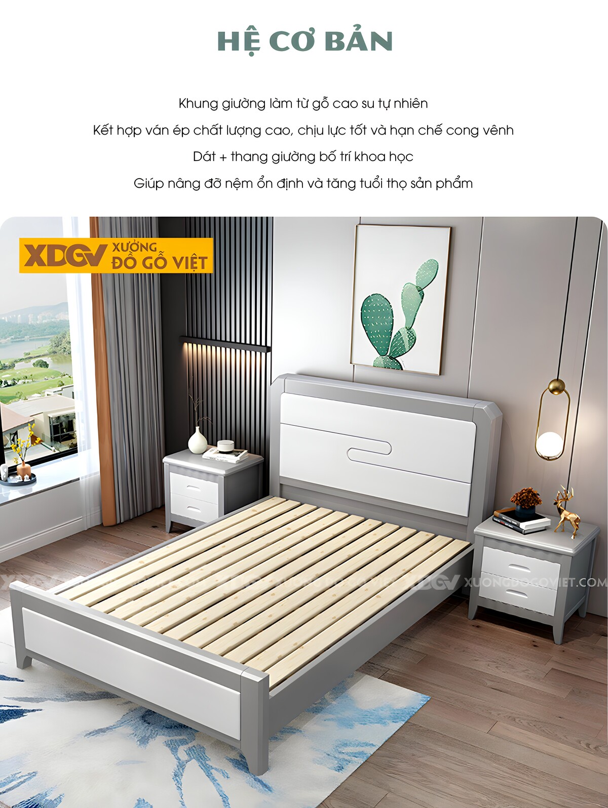 Giường Ngủ Gỗ Cao Su Đầu Panel Rãnh S Trang Trí Góc Vát Cạnh
