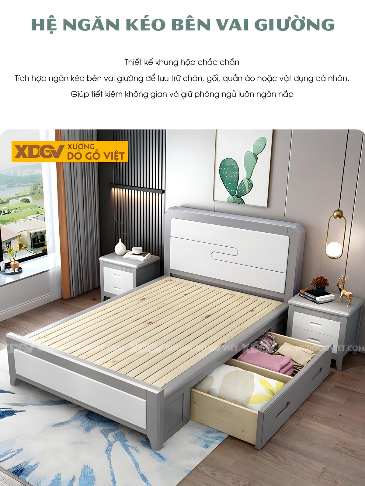 Giường Ngủ Gỗ Cao Su Đầu Panel Rãnh S Trang Trí Góc Vát Cạnh