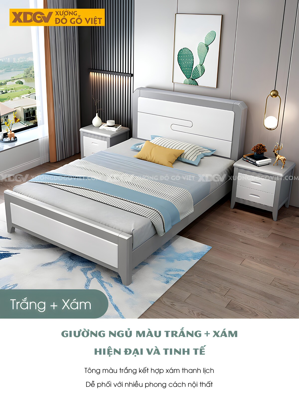 Giường Ngủ Gỗ Cao Su Đầu Panel Rãnh S Trang Trí Góc Vát Cạnh