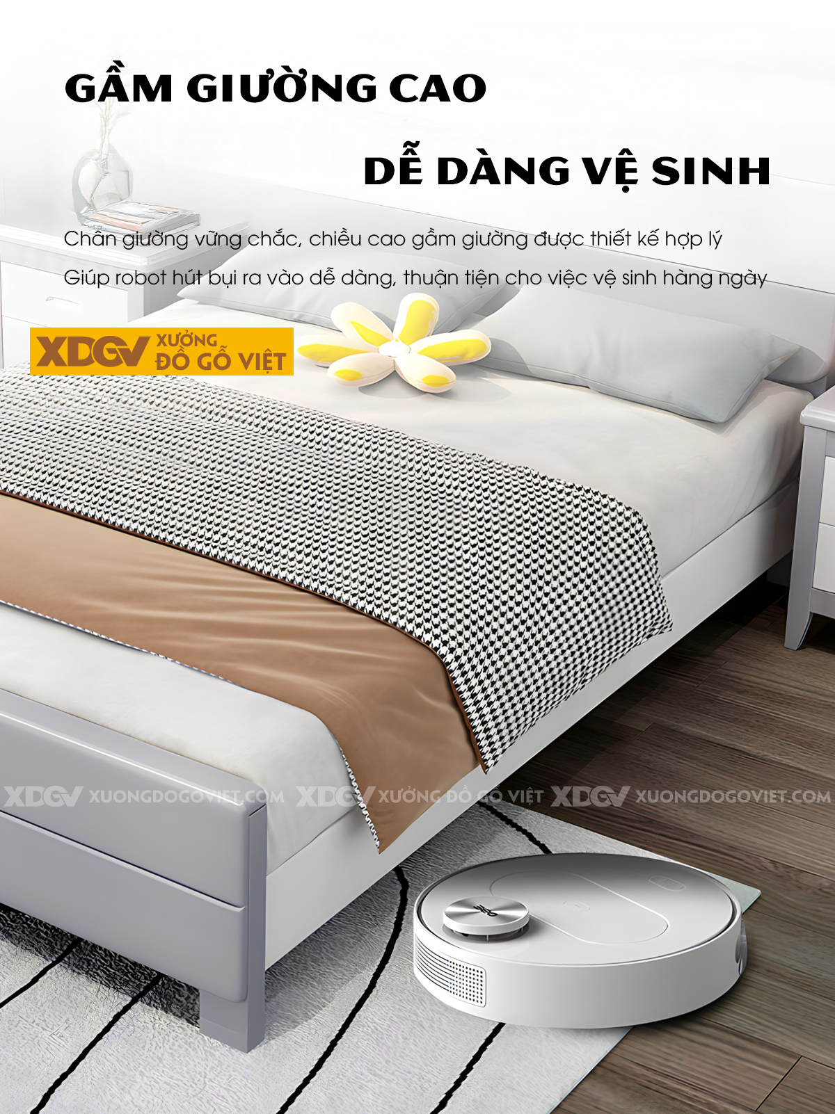Giường Ngủ Gỗ Cao Su Góc Bo Tròn Mặt Phẳng Trơn Xám Trắng