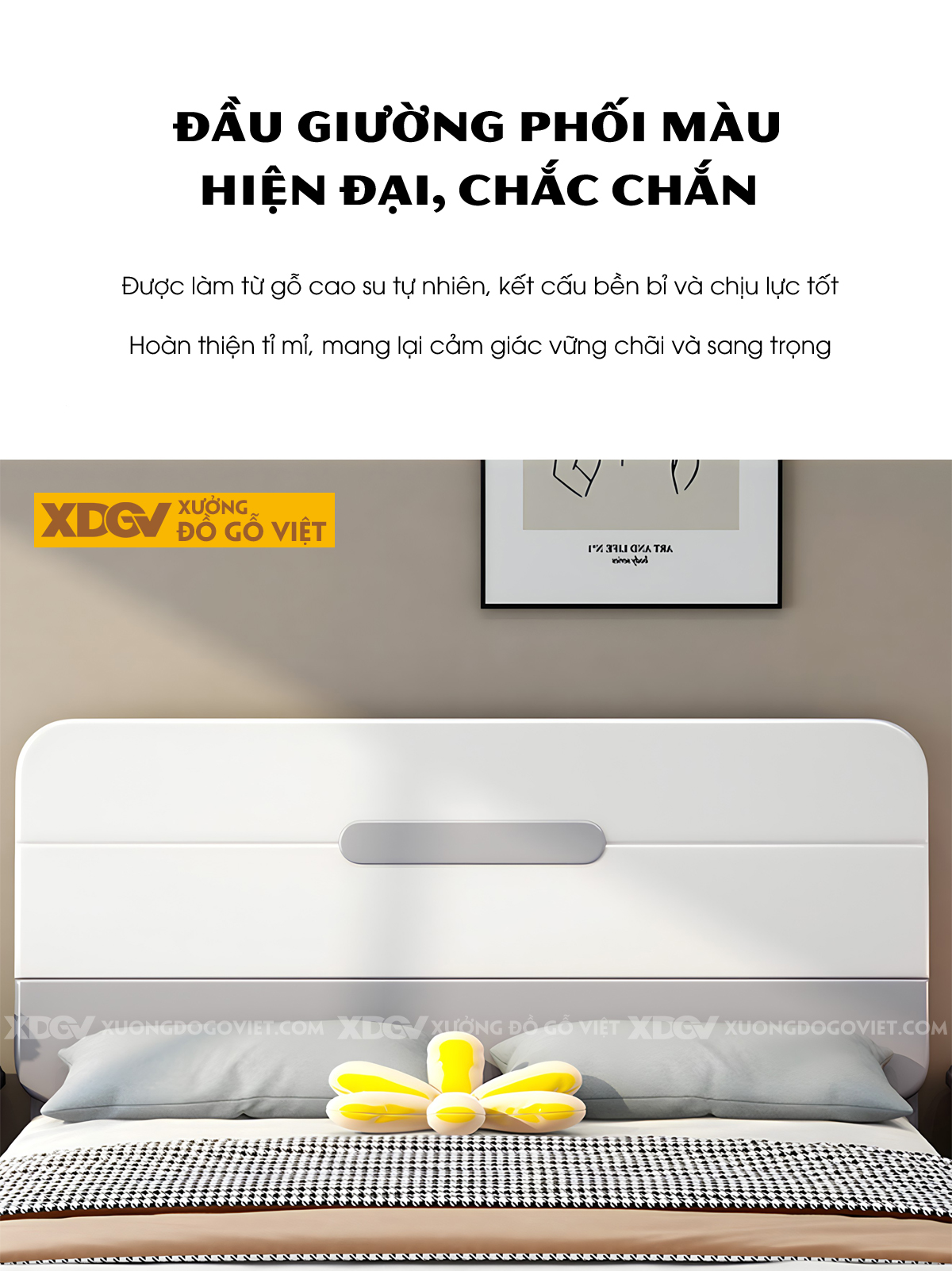 Giường Ngủ Gỗ Cao Su Góc Bo Tròn Mặt Phẳng Trơn Xám Trắng