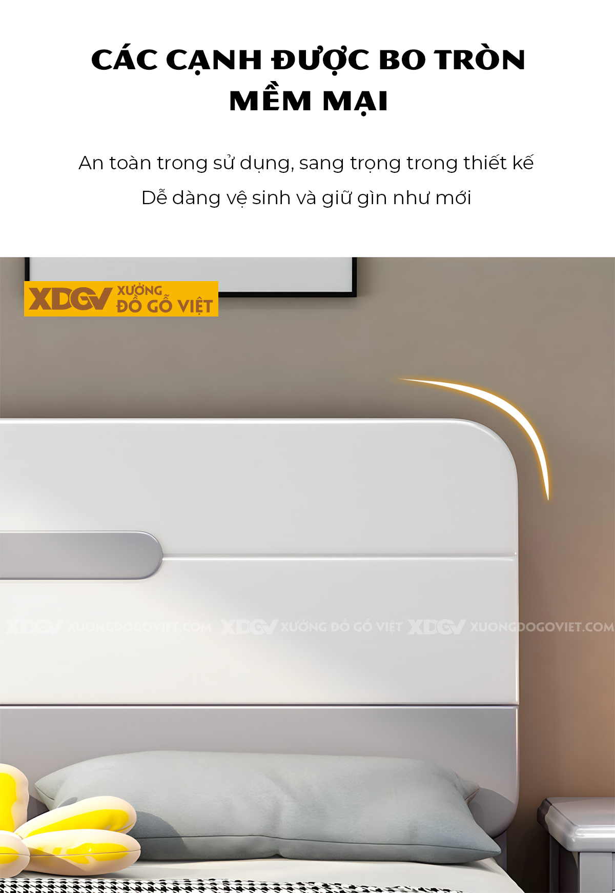 Giường Ngủ Gỗ Cao Su Góc Bo Tròn Mặt Phẳng Trơn Xám Trắng