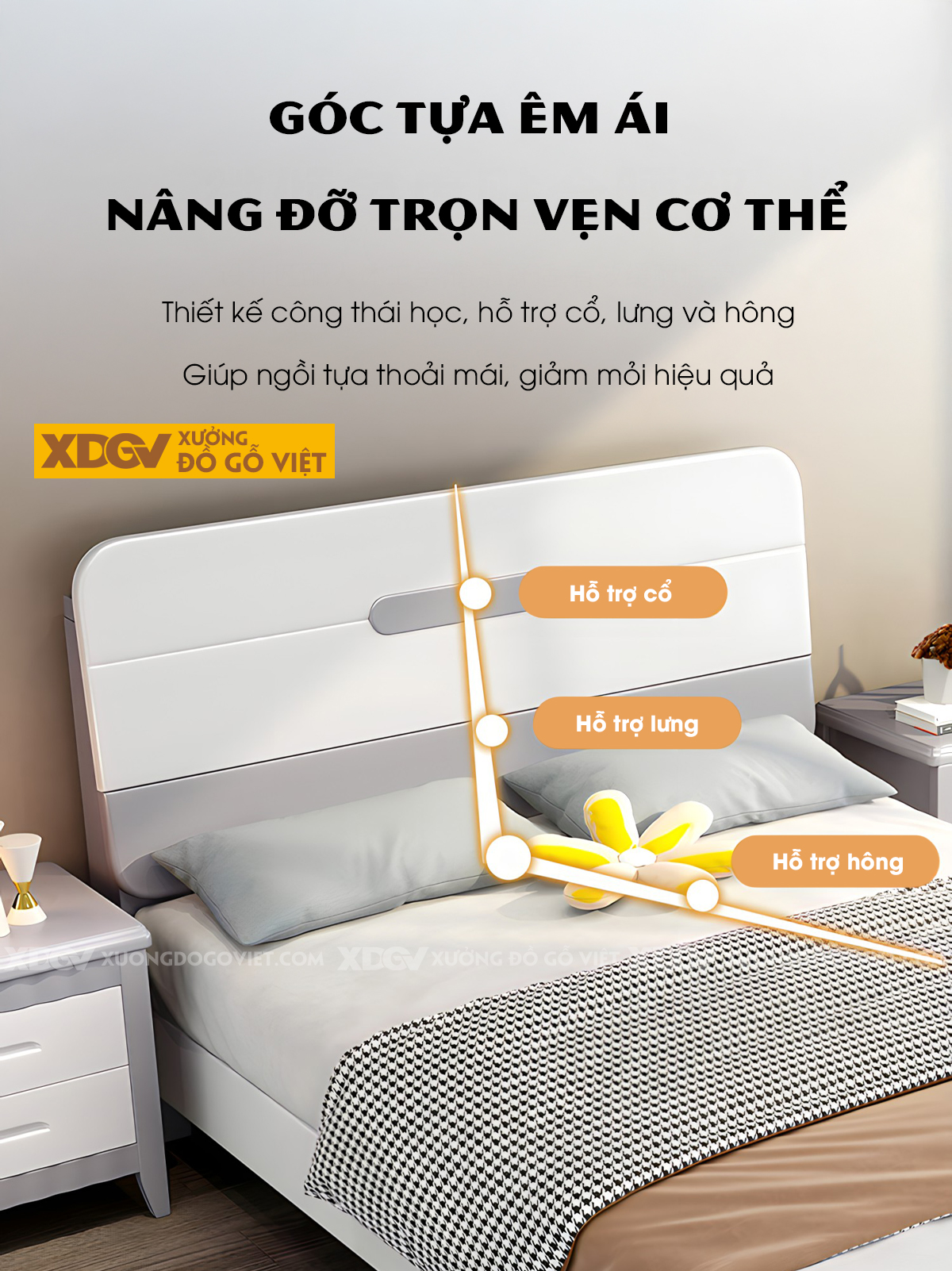Giường Ngủ Gỗ Cao Su Góc Bo Tròn Mặt Phẳng Trơn Xám Trắng