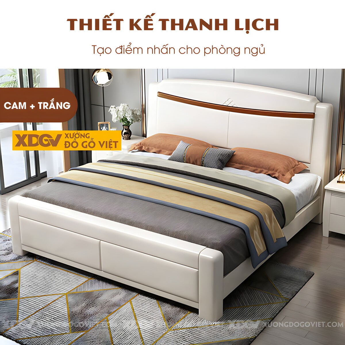 Giường Ngủ Gỗ Cao Su Hiện Đại Đầu Kẻ Chỉ Họa Tiết Trung Tâm