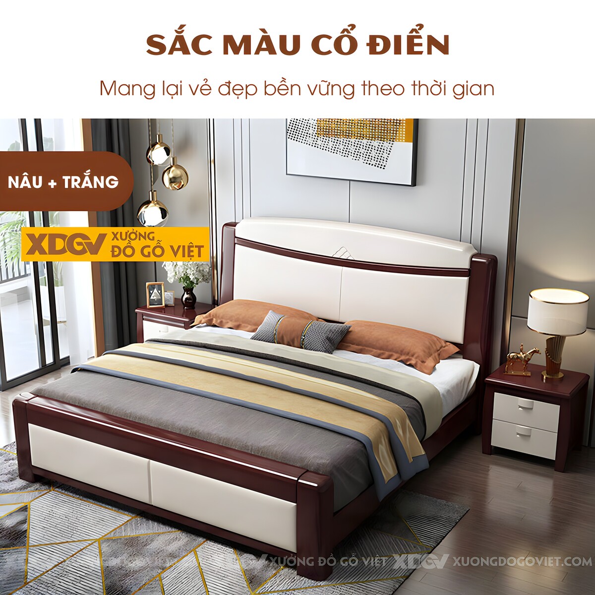 Giường Ngủ Gỗ Cao Su Hiện Đại Đầu Kẻ Chỉ Họa Tiết Trung Tâm