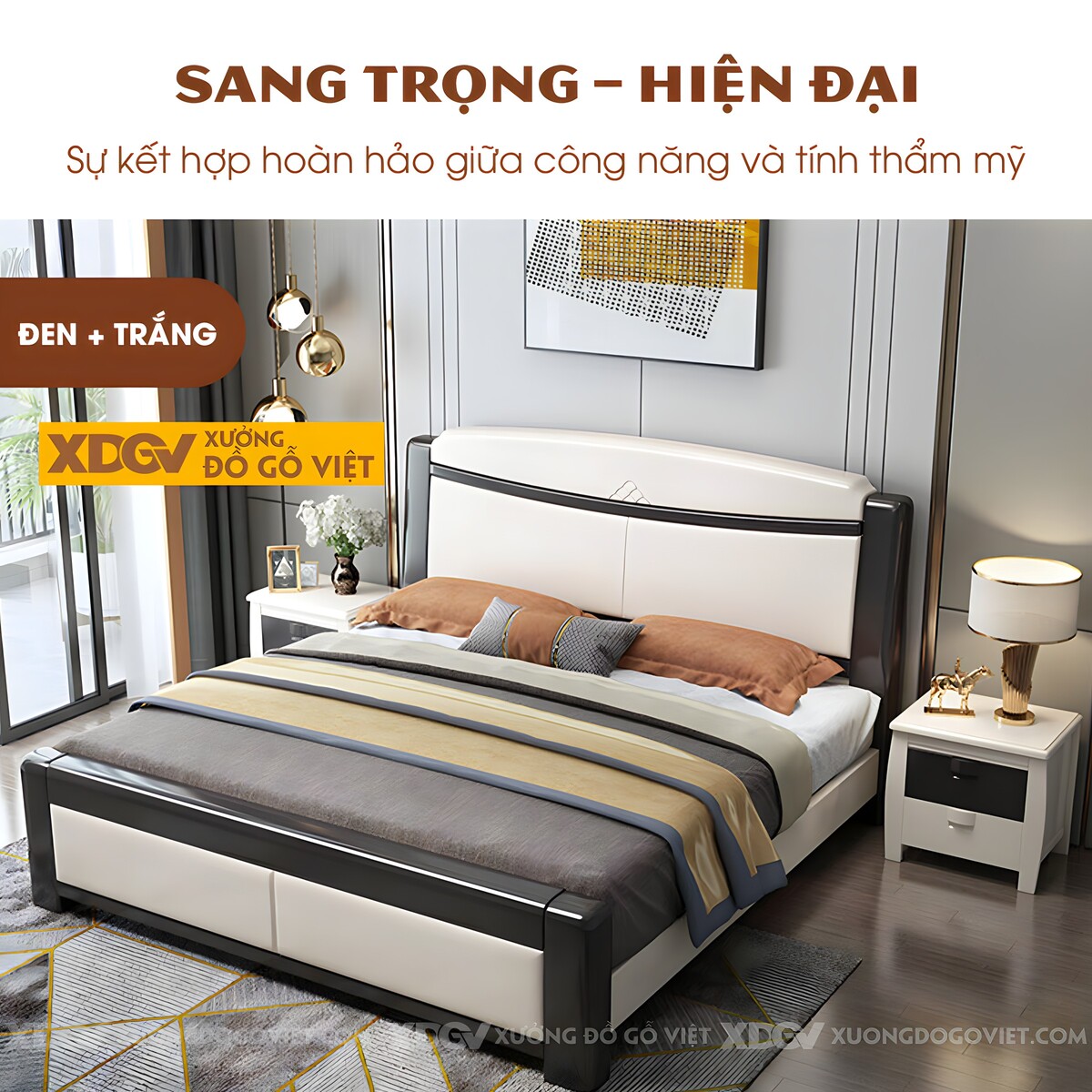 Giường Ngủ Gỗ Cao Su Hiện Đại Đầu Kẻ Chỉ Họa Tiết Trung Tâm