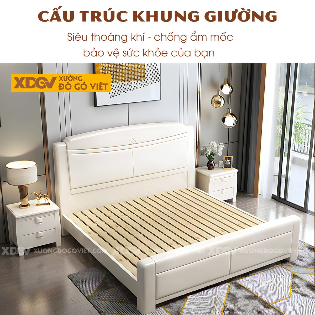 Giường Ngủ Gỗ Cao Su Hiện Đại Đầu Kẻ Chỉ Họa Tiết Trung Tâm