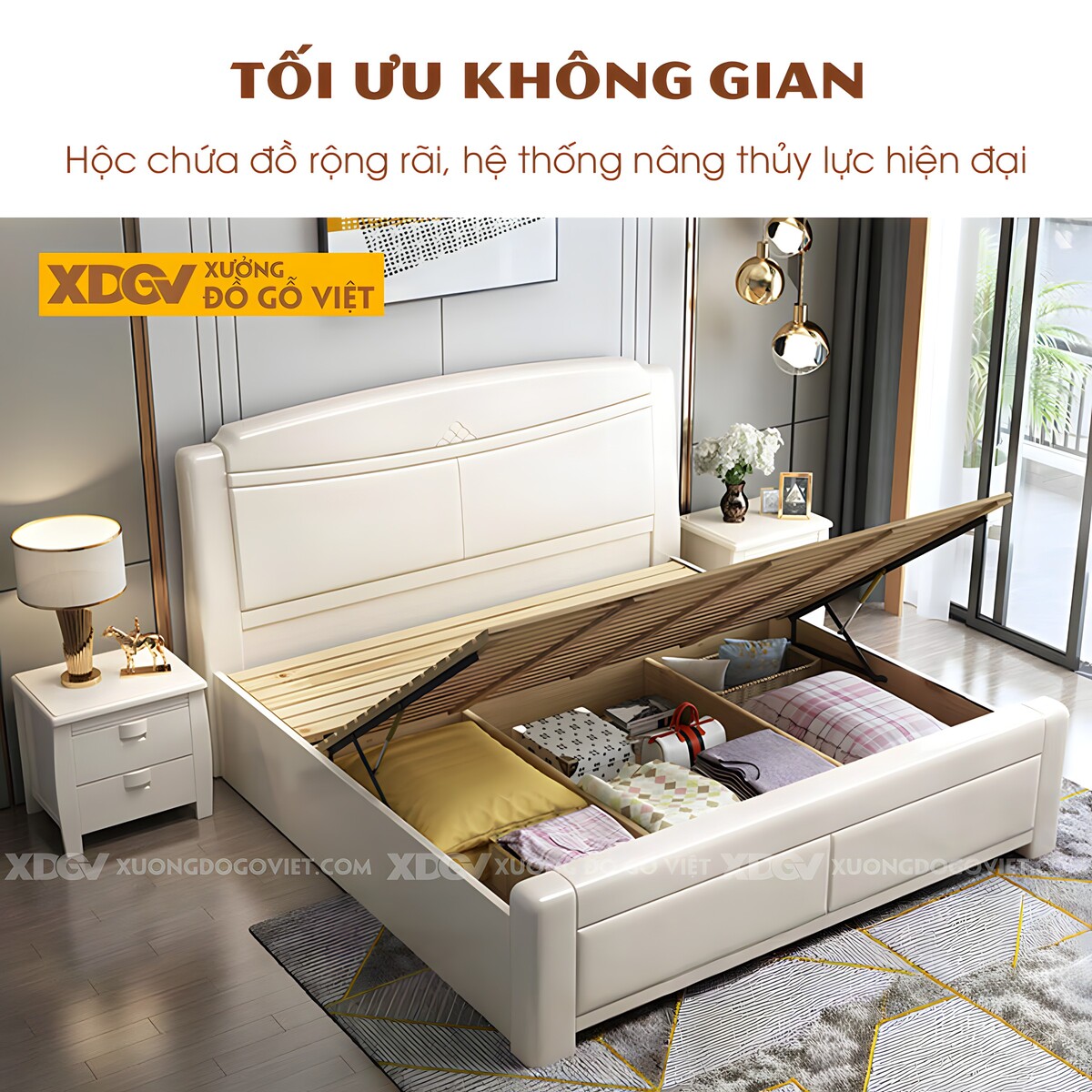 Giường Ngủ Gỗ Cao Su Hiện Đại Đầu Kẻ Chỉ Họa Tiết Trung Tâm