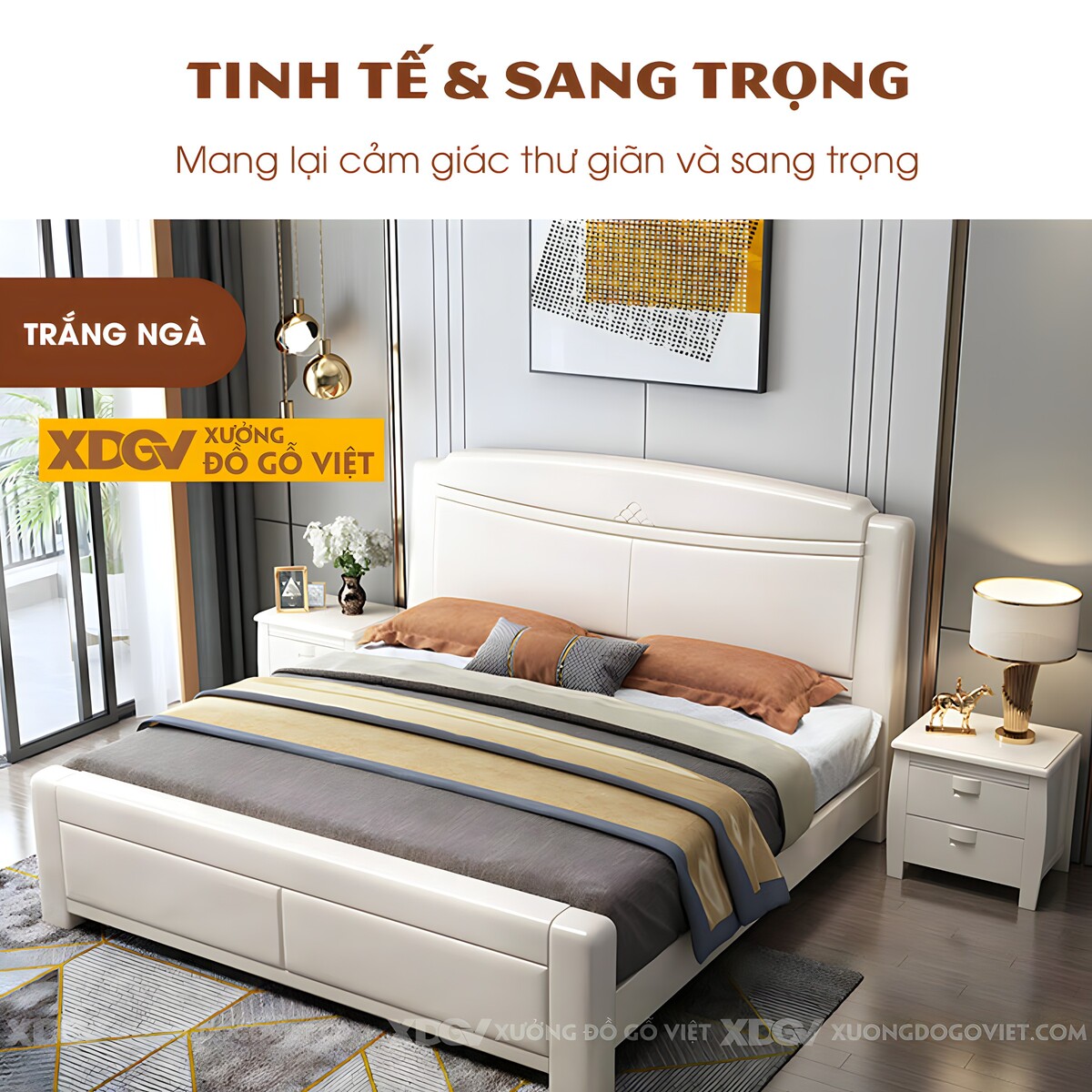 Giường Ngủ Gỗ Cao Su Hiện Đại Đầu Kẻ Chỉ Họa Tiết Trung Tâm