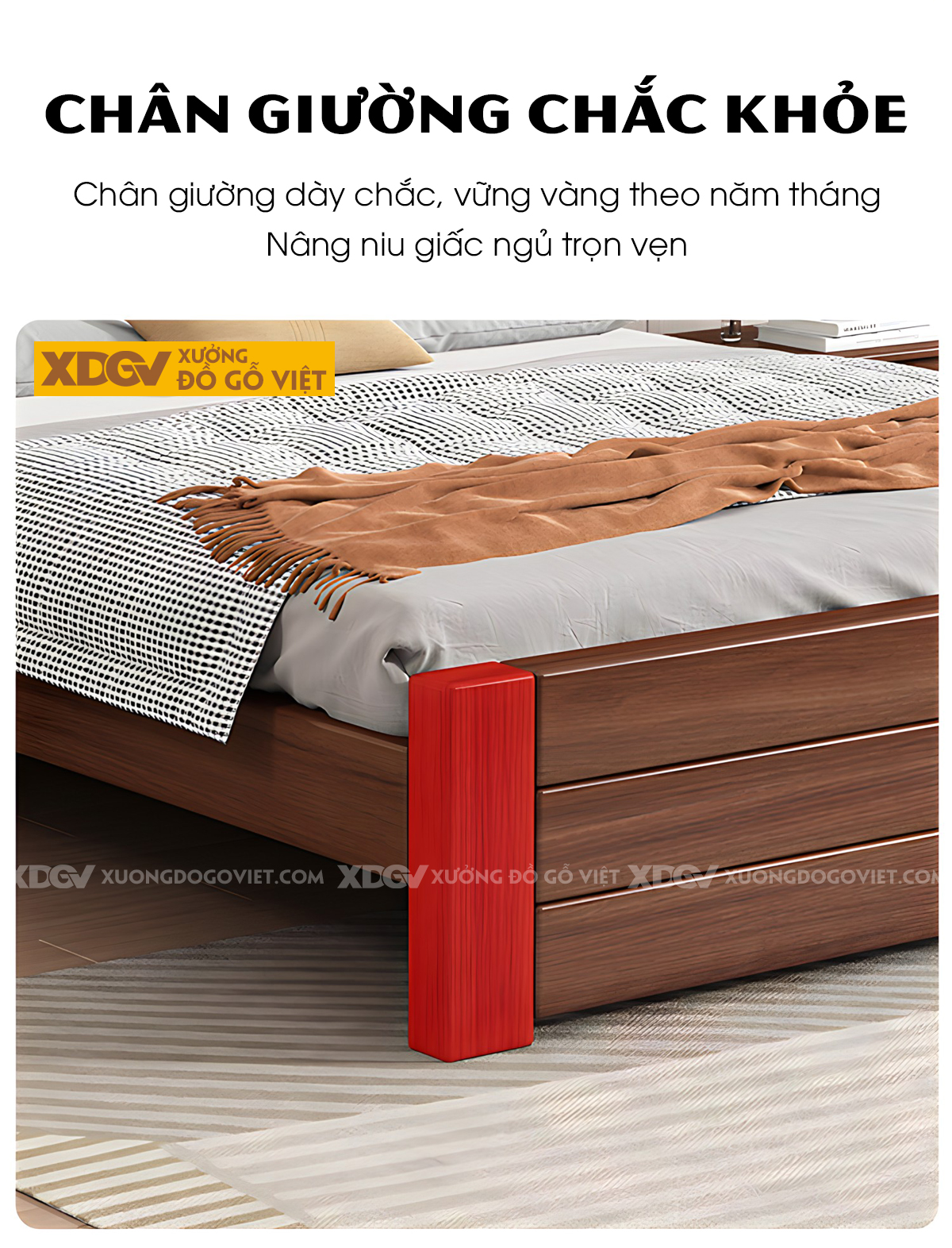 Giường Ngủ Gỗ Cao Su Kết Cấu Khung Cột Mặt Ngang Kẻ Chỉ
