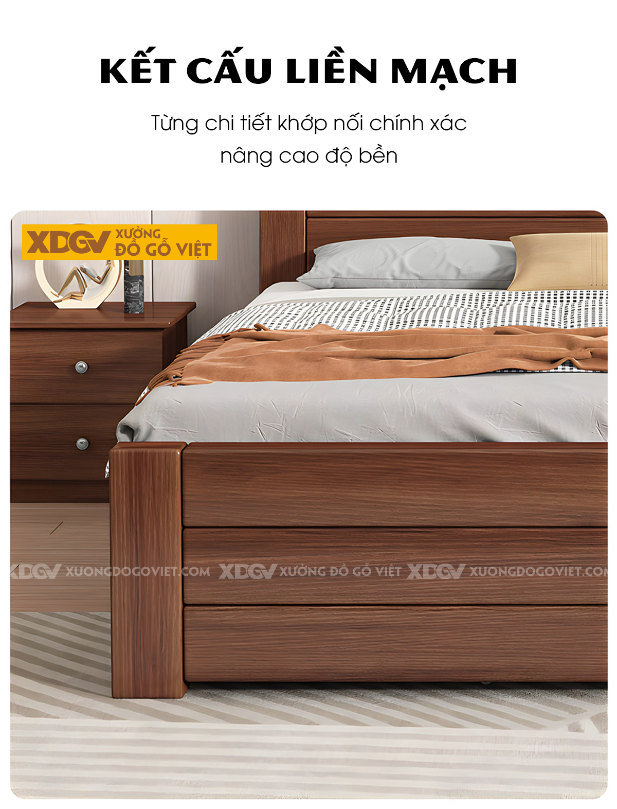 Giường Ngủ Gỗ Cao Su Kết Cấu Khung Cột Mặt Ngang Kẻ Chỉ