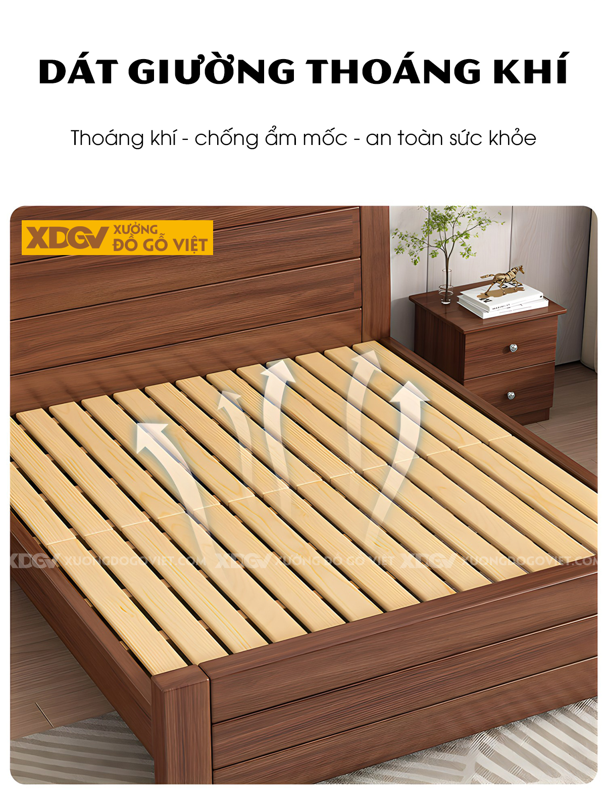 Giường Ngủ Gỗ Cao Su Kết Cấu Khung Cột Mặt Ngang Kẻ Chỉ