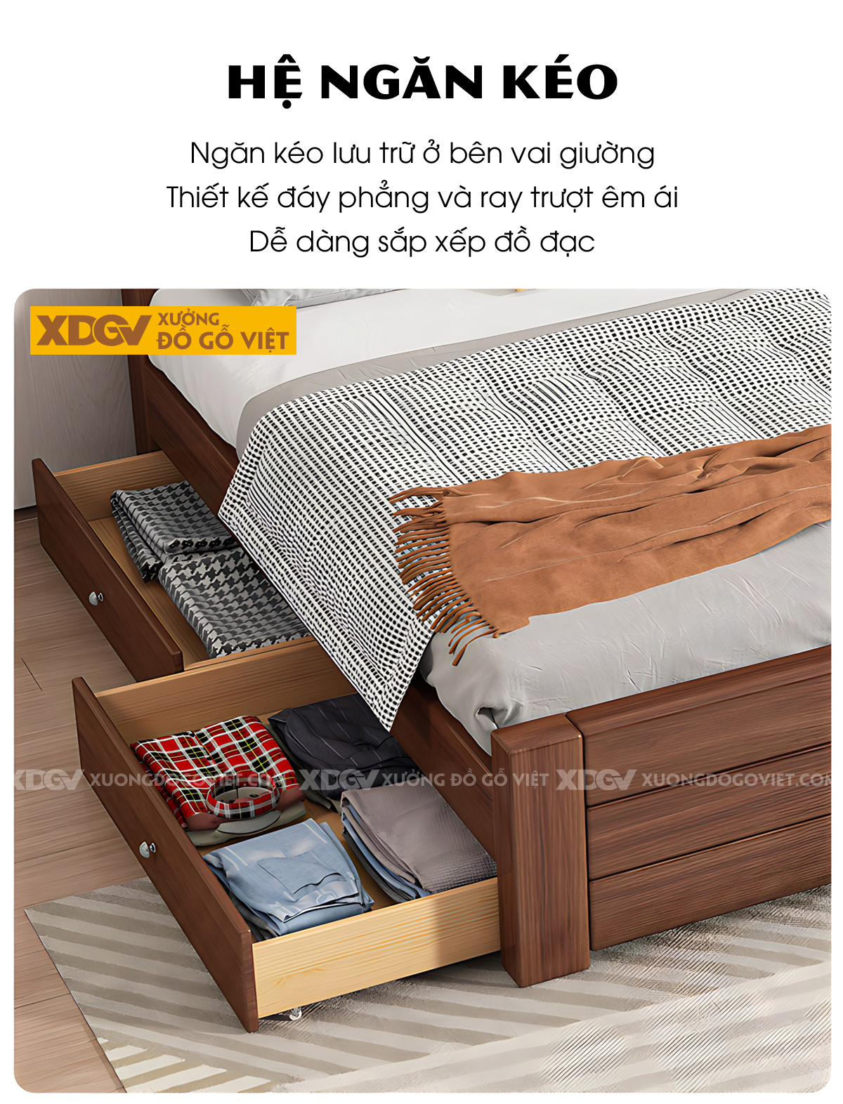 Giường Ngủ Gỗ Cao Su Kết Cấu Khung Cột Mặt Ngang Kẻ Chỉ