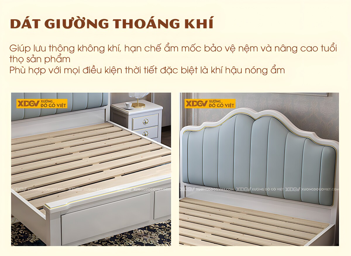 Giường Ngủ Gỗ Cao Su Tân Cổ Điển Đầu Uốn Lượn Bọc Nệm Xanh