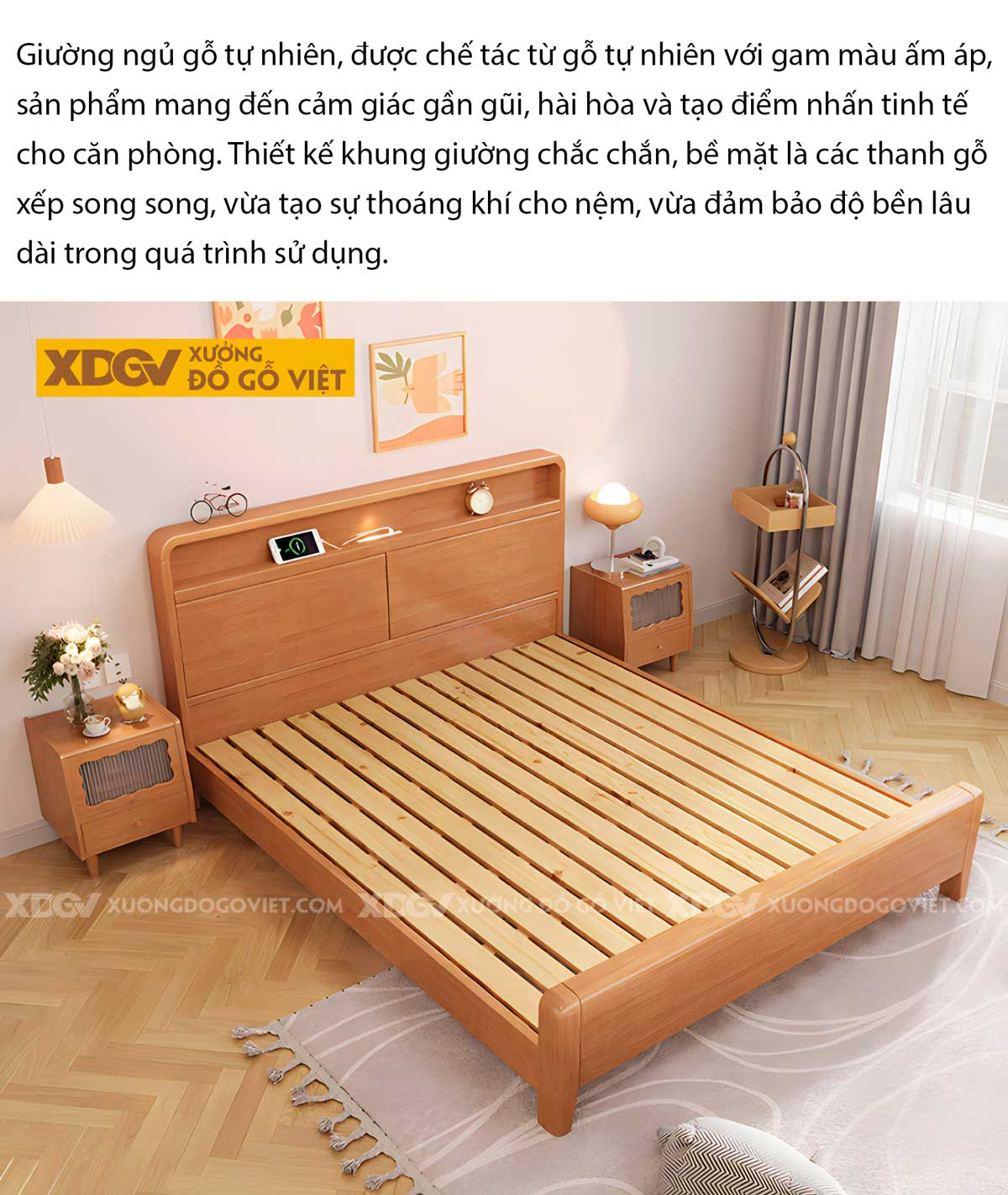 Giường Ngủ Gỗ Cao Su Tiện Lợi Đầu Tích Hợp Kệ Trên Có Led