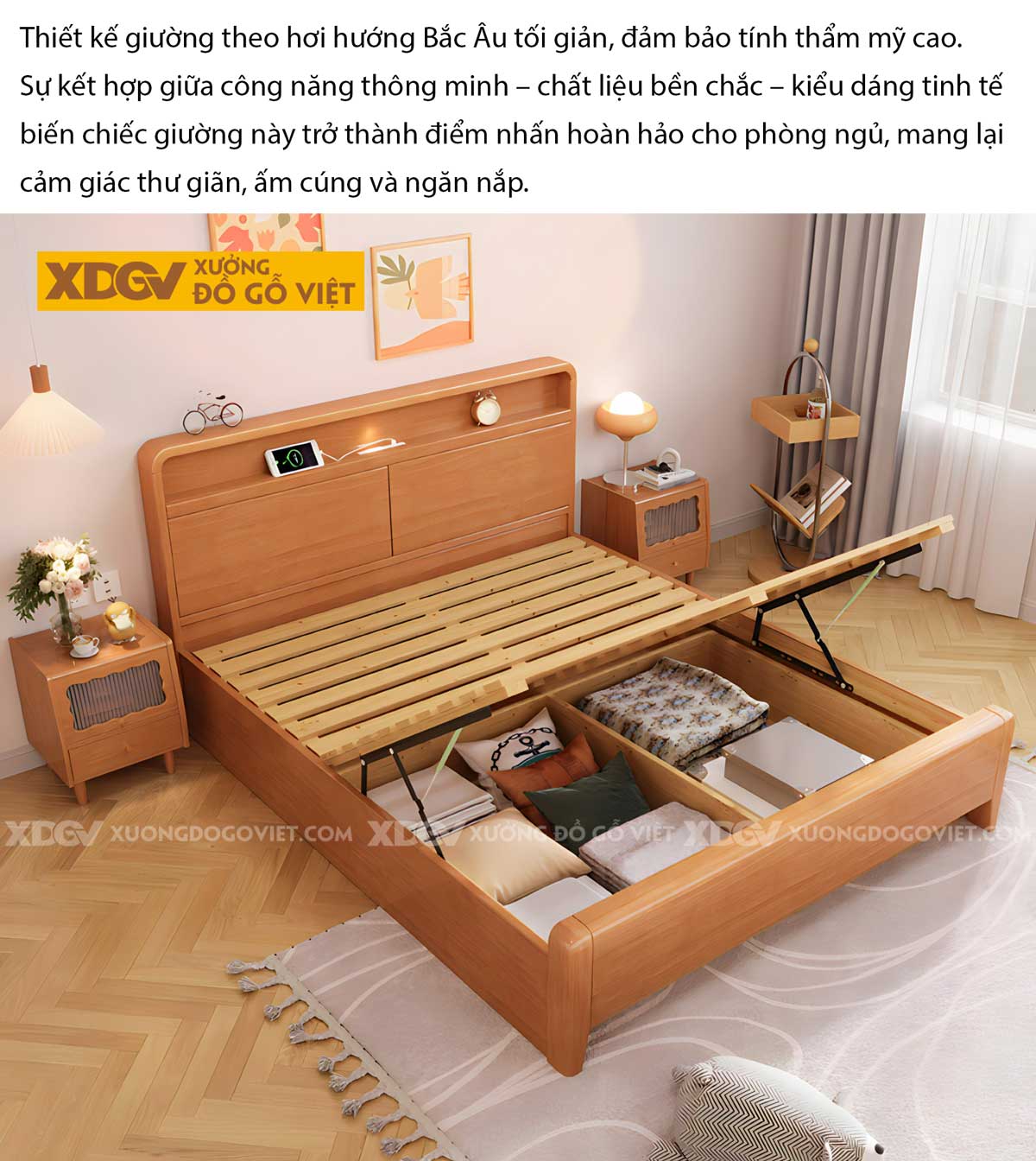 Giường Ngủ Gỗ Cao Su Tiện Lợi Đầu Tích Hợp Kệ Trên Có Led