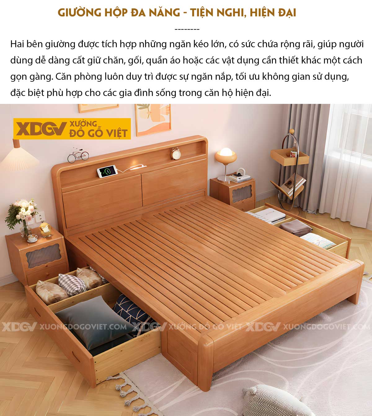 Giường Ngủ Gỗ Cao Su Tiện Lợi Đầu Tích Hợp Kệ Trên Có Led