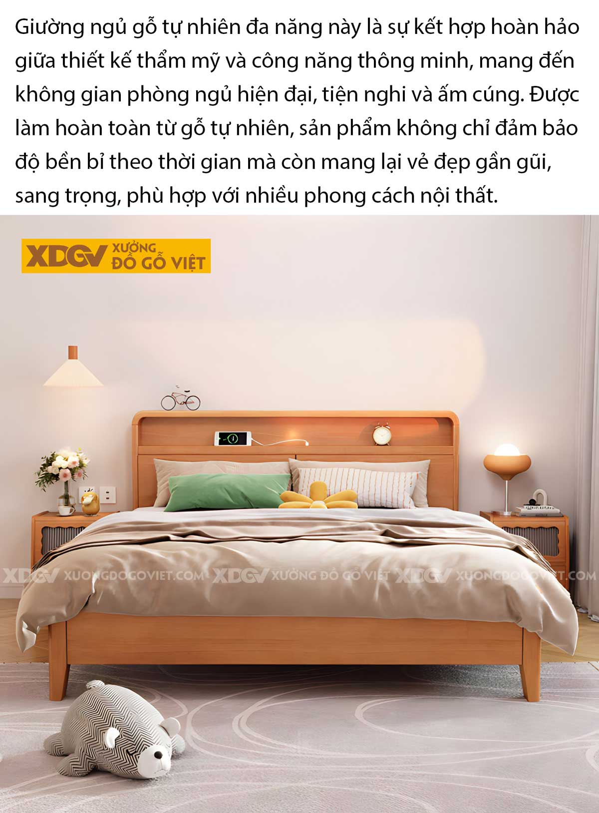Giường Ngủ Gỗ Cao Su Tiện Lợi Đầu Tích Hợp Kệ Trên Có Led