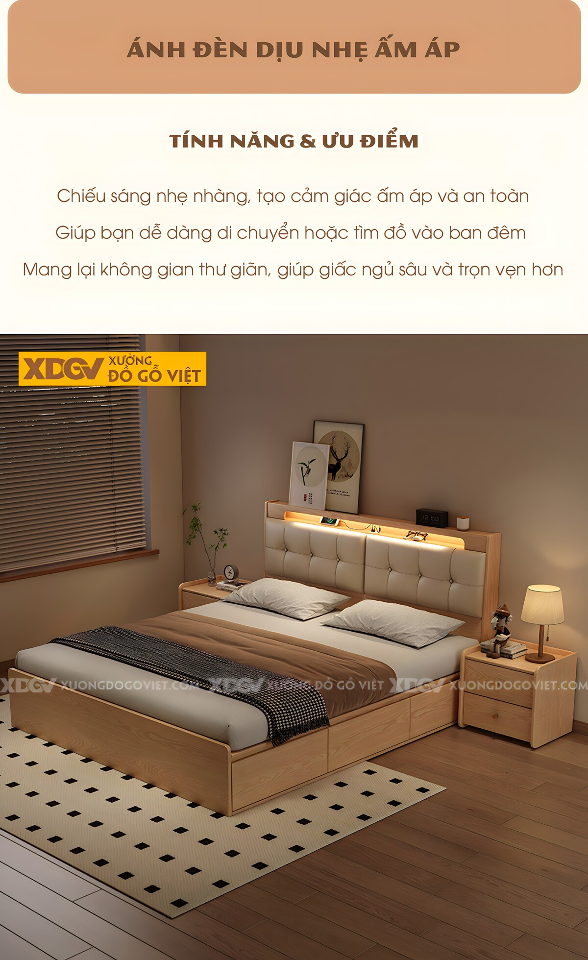 Giường Ngủ Gỗ Cao Su Vai Ngăn Kéo Đầu Bọc Nệm Tích Hợp Kệ