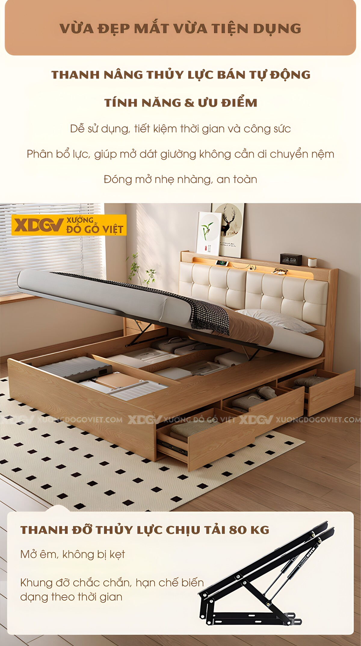 Giường Ngủ Gỗ Cao Su Vai Ngăn Kéo Đầu Bọc Nệm Tích Hợp Kệ
