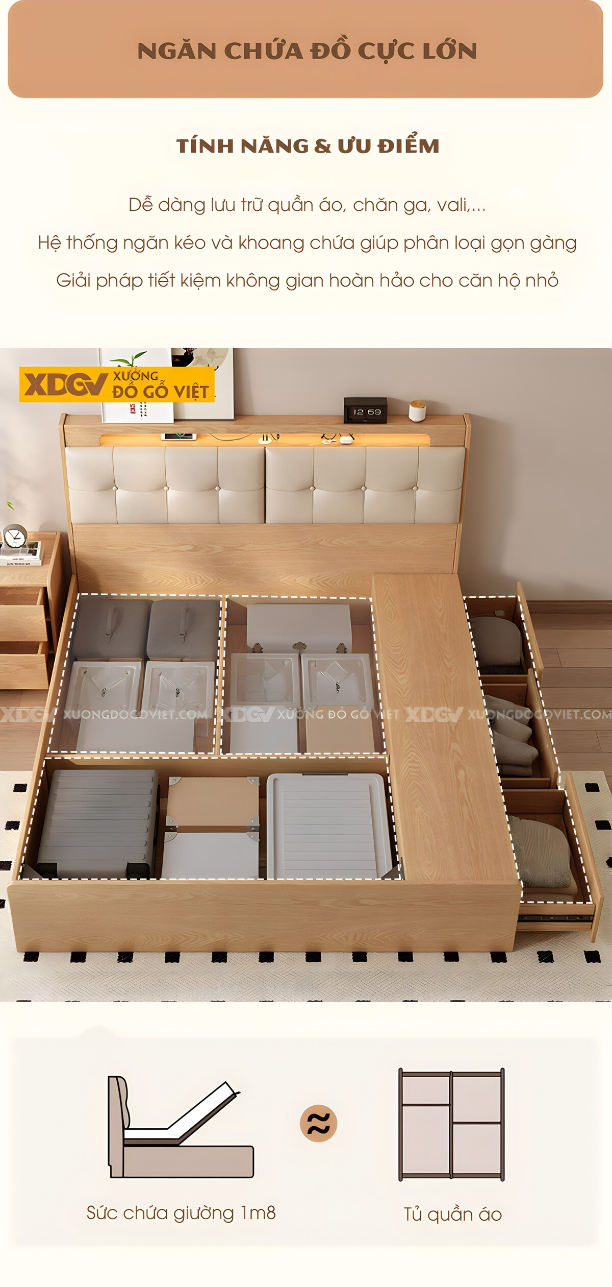 Giường Ngủ Gỗ Cao Su Vai Ngăn Kéo Đầu Bọc Nệm Tích Hợp Kệ