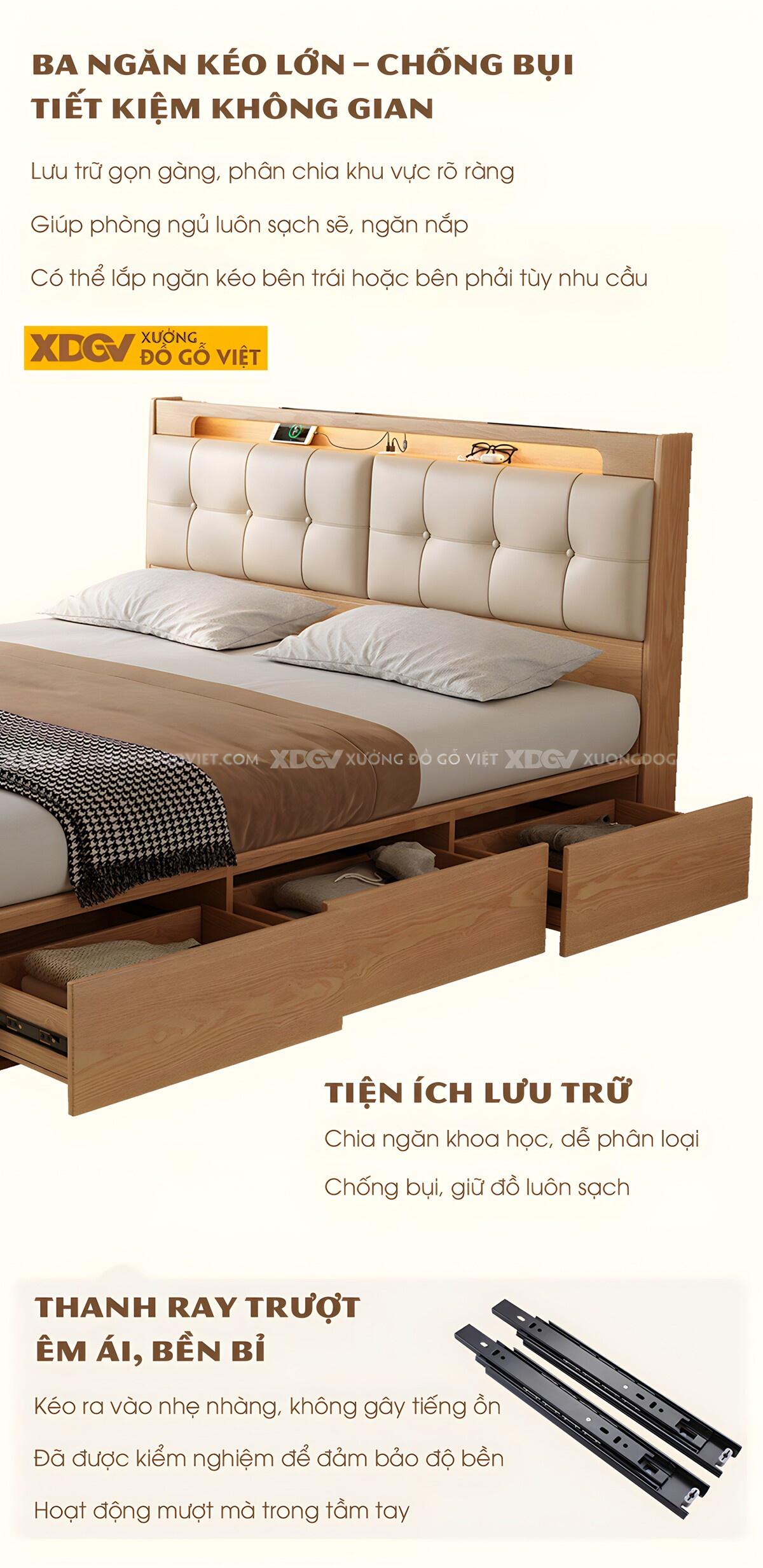Giường Ngủ Gỗ Cao Su Vai Ngăn Kéo Đầu Bọc Nệm Tích Hợp Kệ