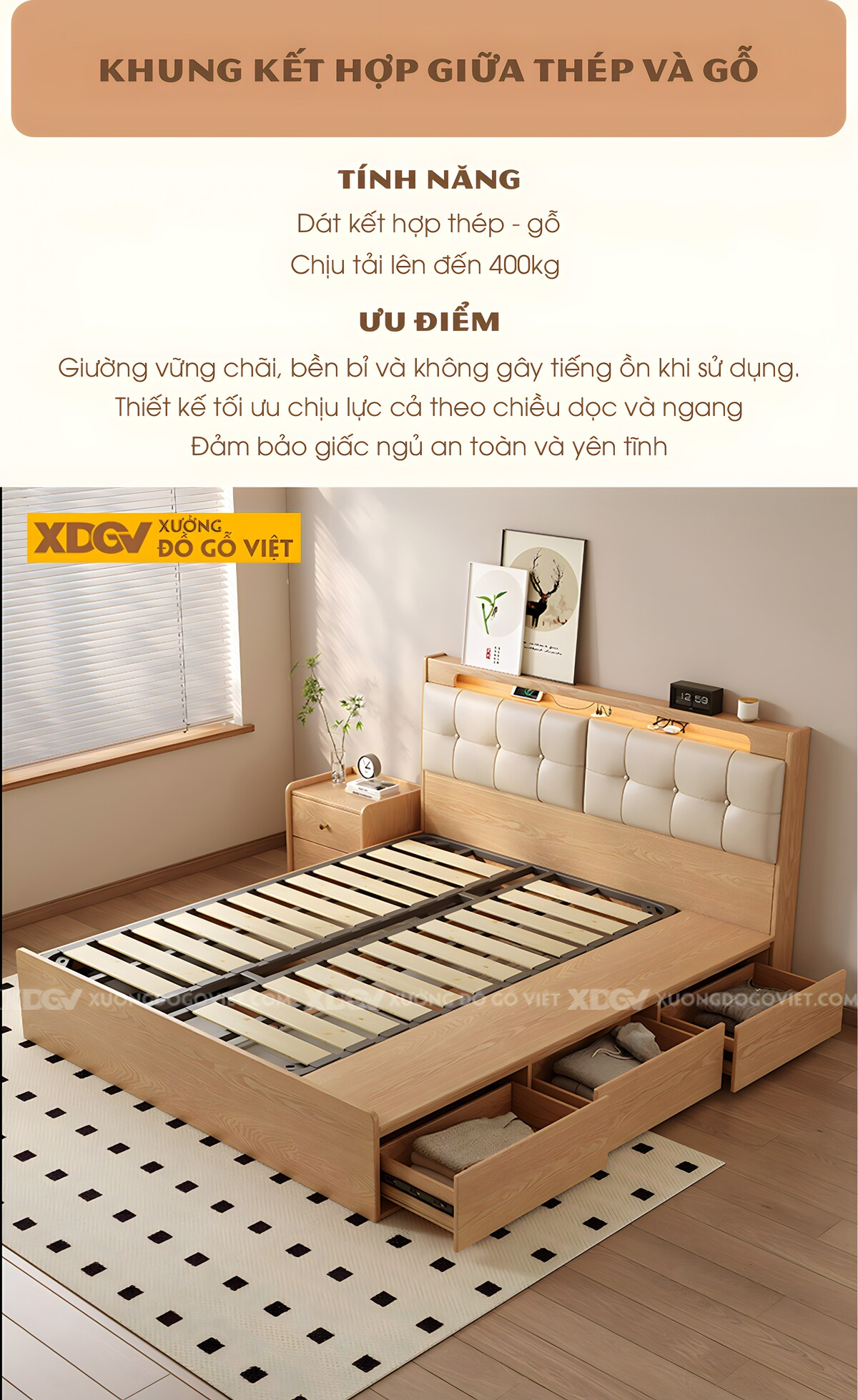Giường Ngủ Gỗ Cao Su Vai Ngăn Kéo Đầu Bọc Nệm Tích Hợp Kệ
