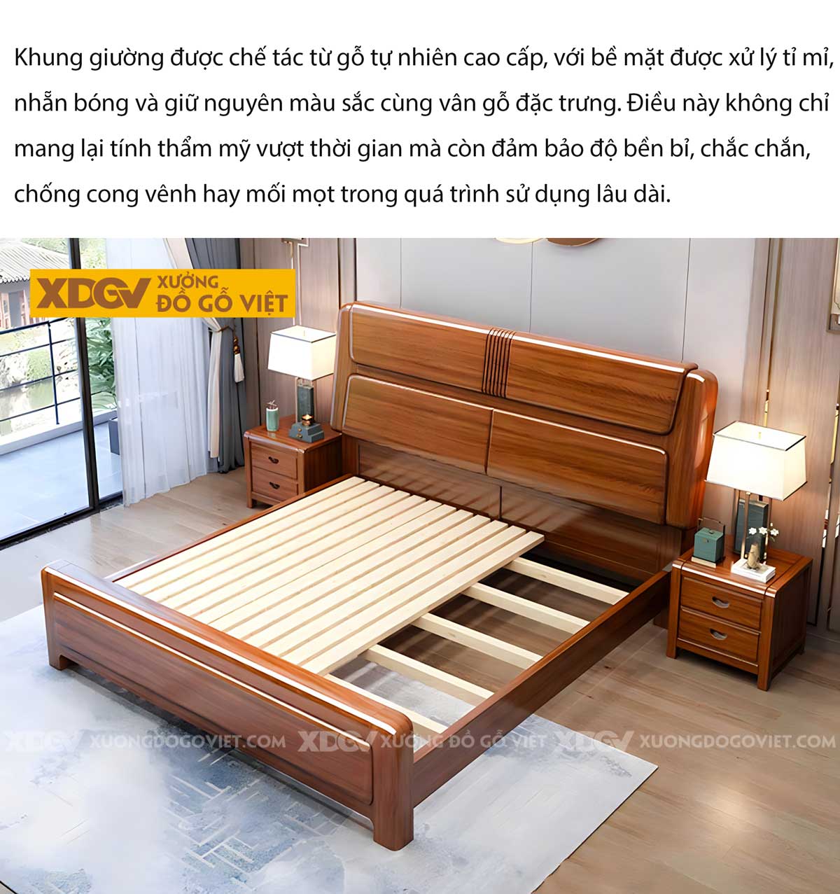 Giường Ngủ Gõ Đỏ Đầu Bo Tròn Bọc Gỗ 2 Ngăn Kẻ Chỉ Dọc Giữa