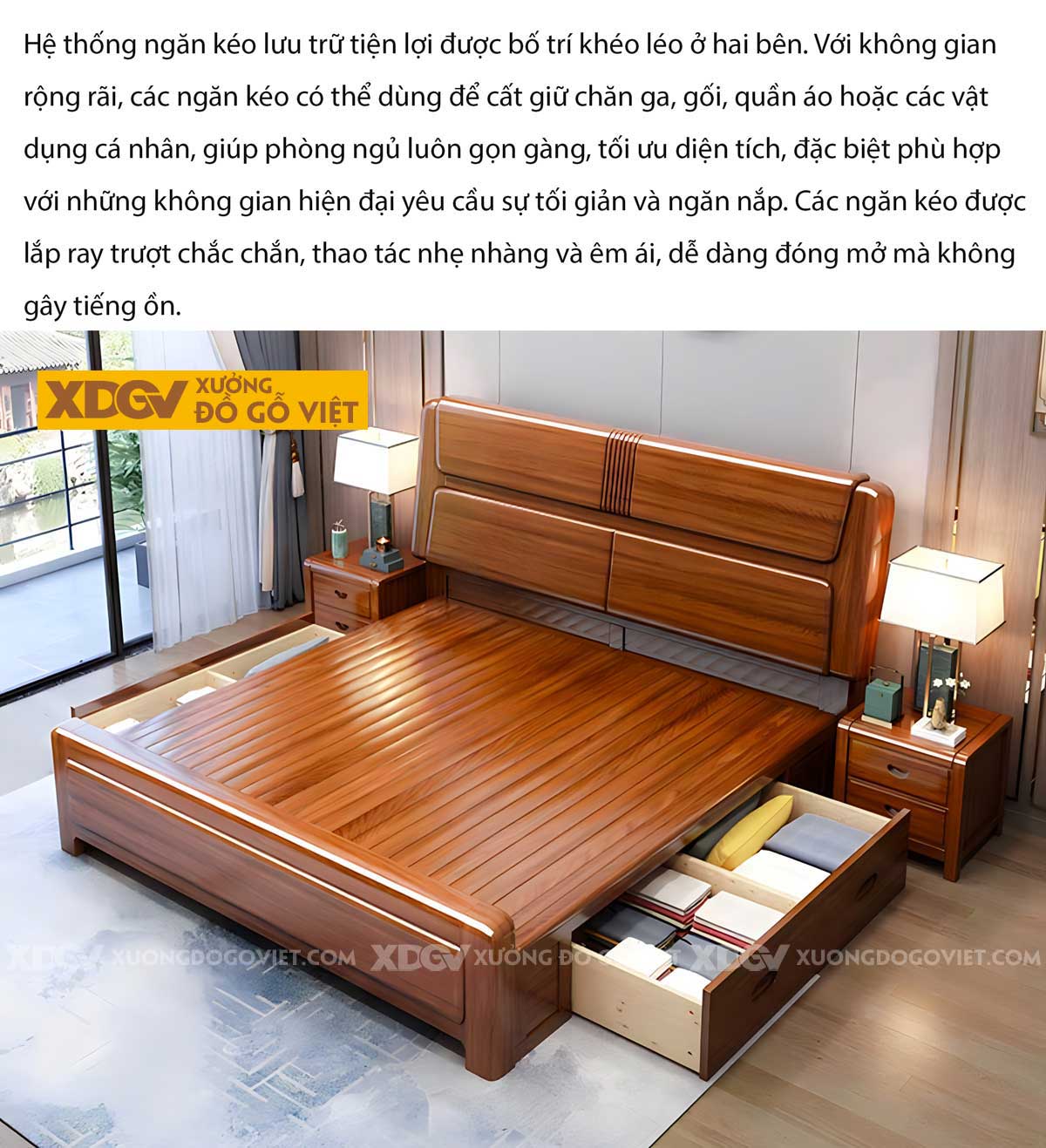 Giường Ngủ Gõ Đỏ Đầu Bo Tròn Bọc Gỗ 2 Ngăn Kẻ Chỉ Dọc Giữa