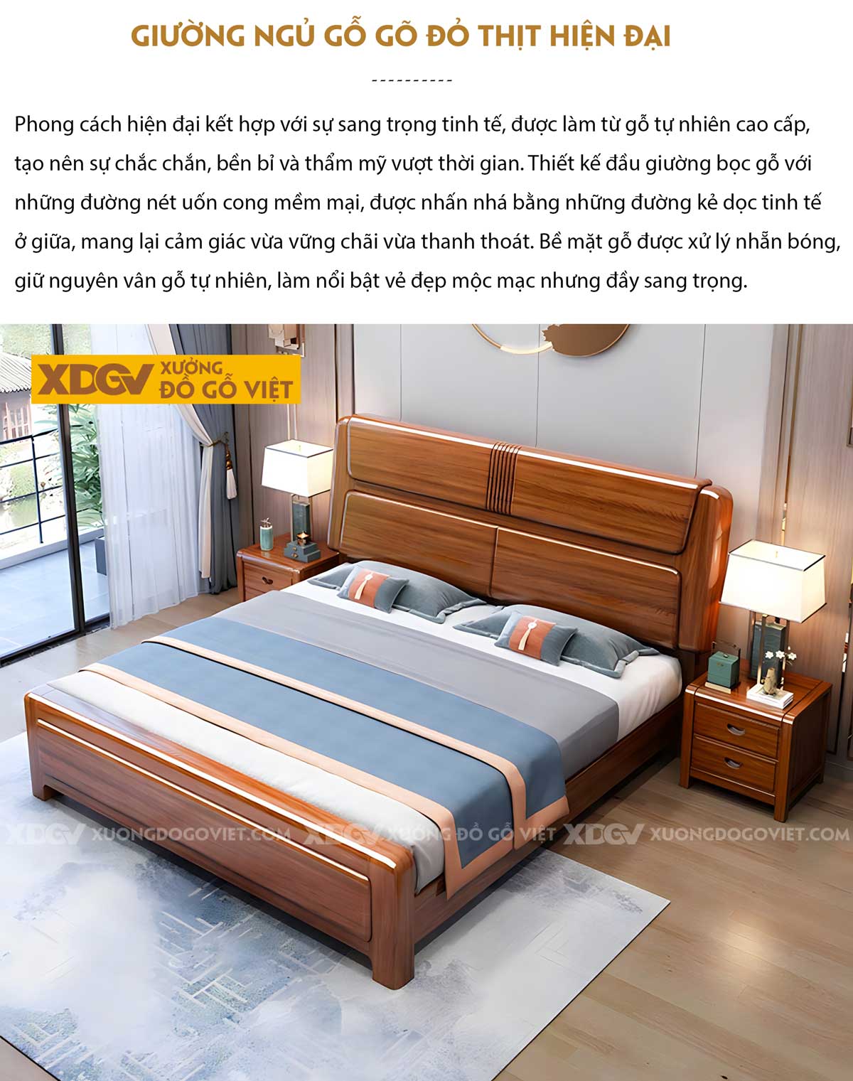 Giường Ngủ Gõ Đỏ Đầu Bo Tròn Bọc Gỗ 2 Ngăn Kẻ Chỉ Dọc Giữa