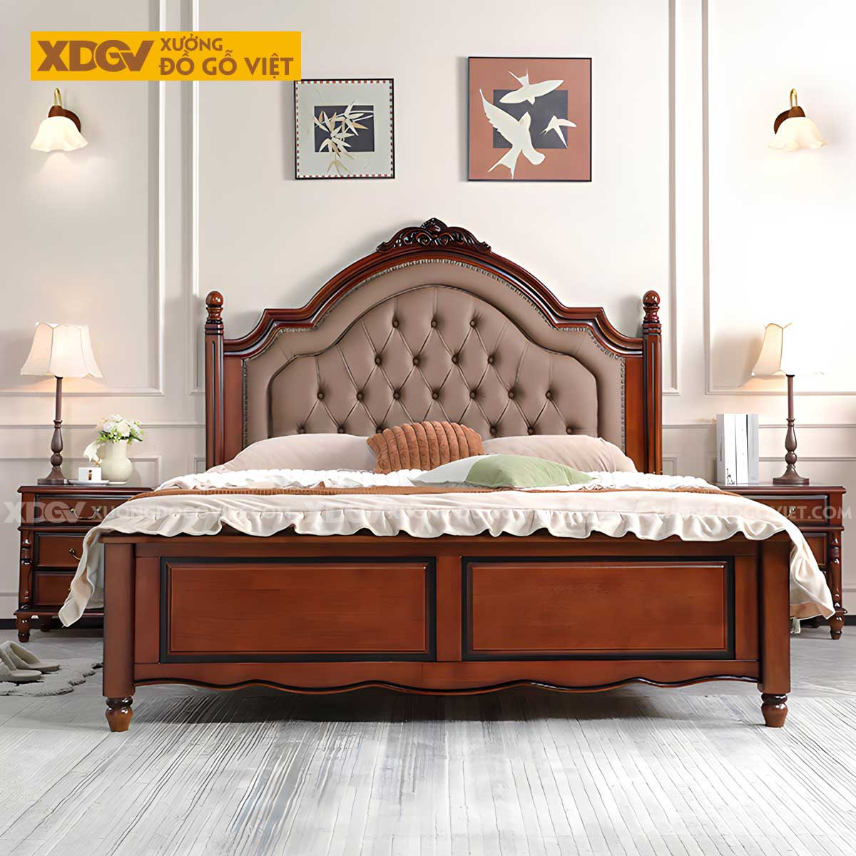 Giường Ngủ Gõ Đỏ Tân Cổ Điển Đầu Bọc Nệm Rút Nút Viền Đinh