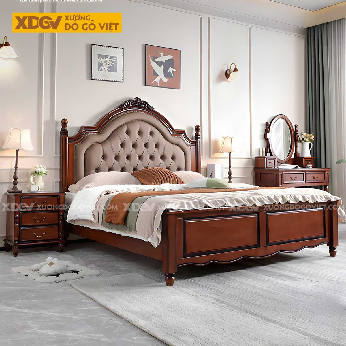 Giường Ngủ Gõ Đỏ Tân Cổ Điển Đầu Bọc Nệm Rút Nút Viền Đinh