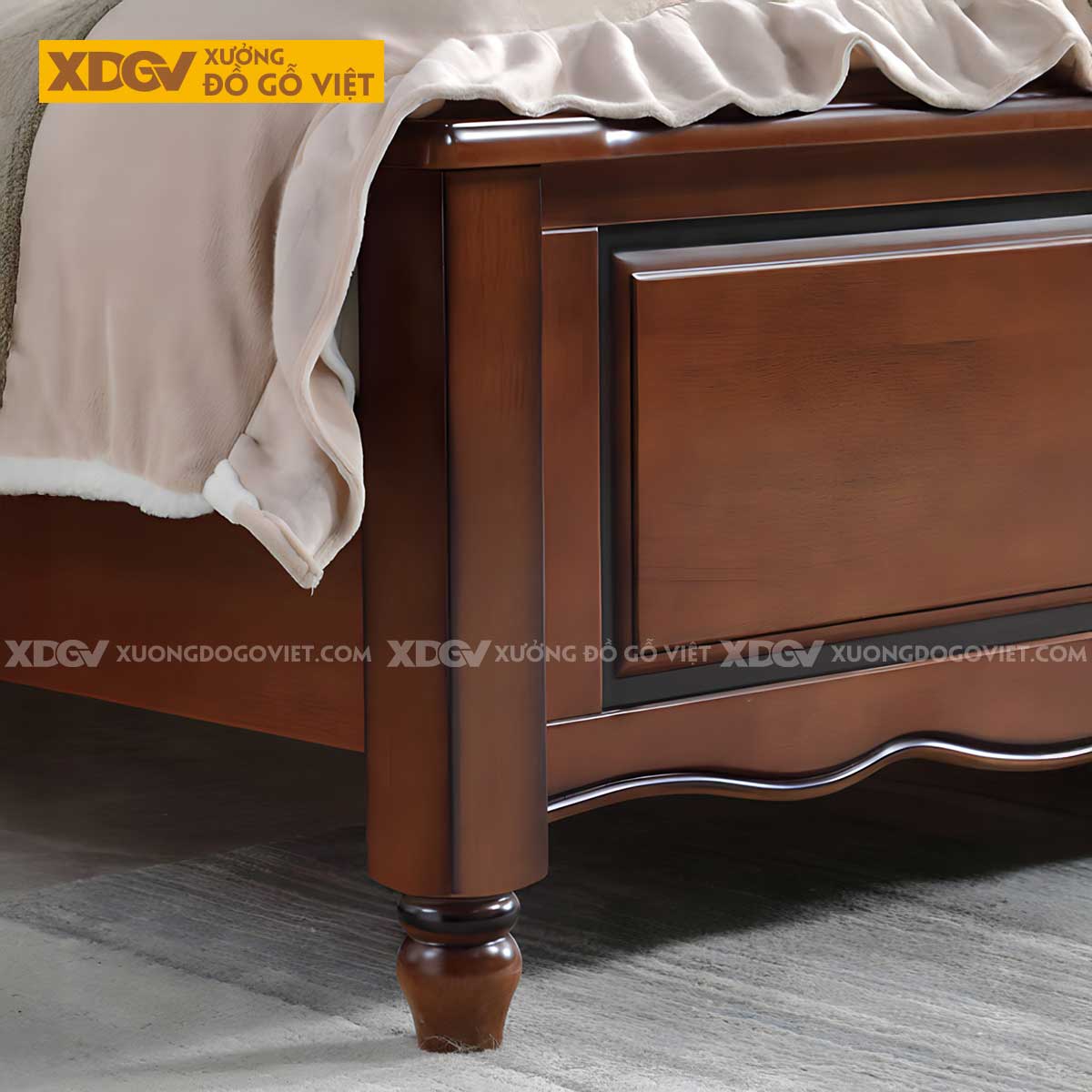 Giường Ngủ Gõ Đỏ Tân Cổ Điển Đầu Bọc Nệm Rút Nút Viền Đinh