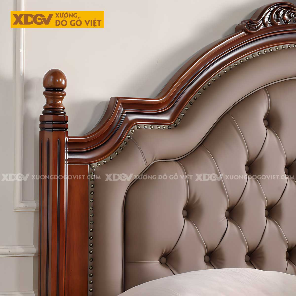 Giường Ngủ Gõ Đỏ Tân Cổ Điển Đầu Bọc Nệm Rút Nút Viền Đinh